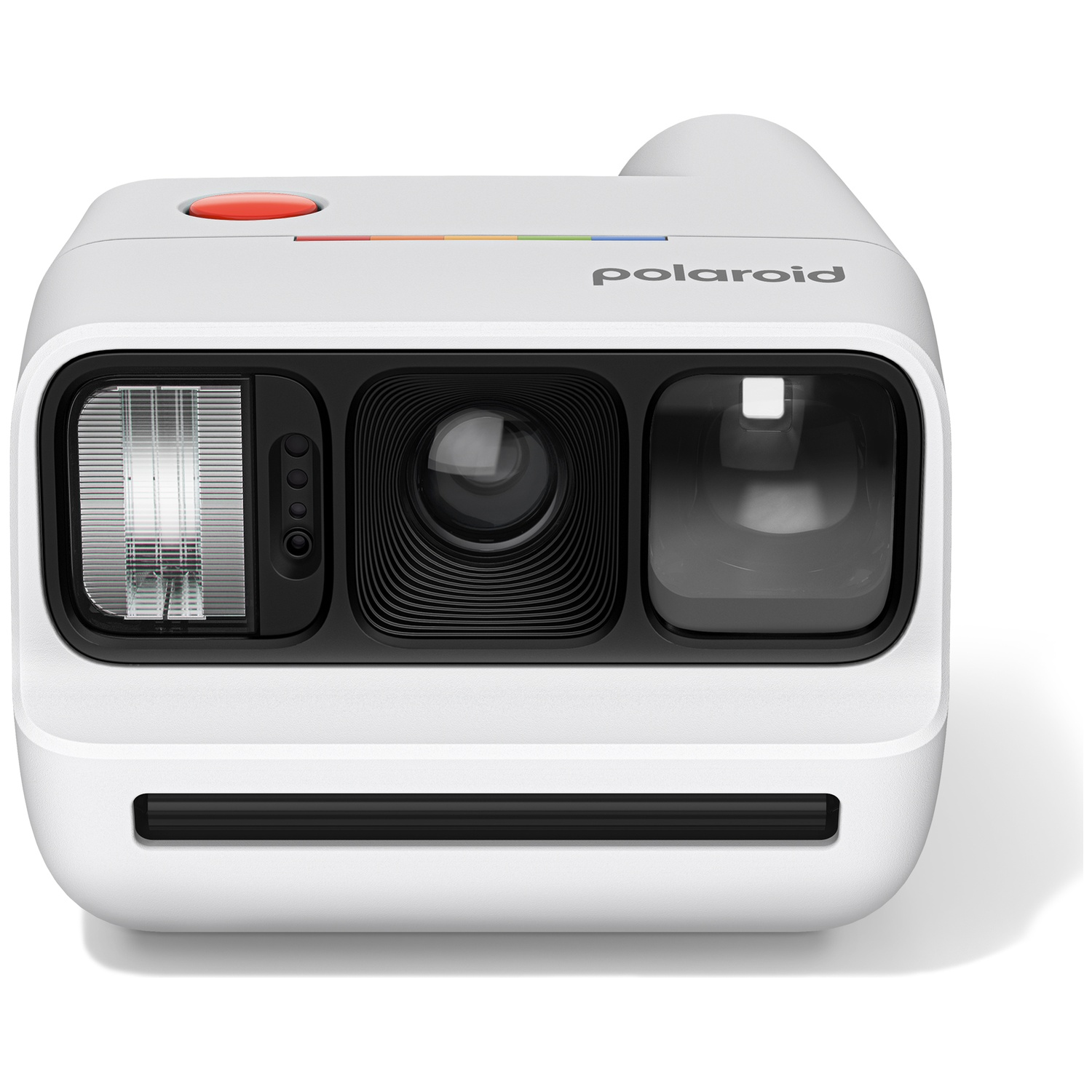 Appareil photo instantané Polaroid blanc avec bouton rouge et objectifs.