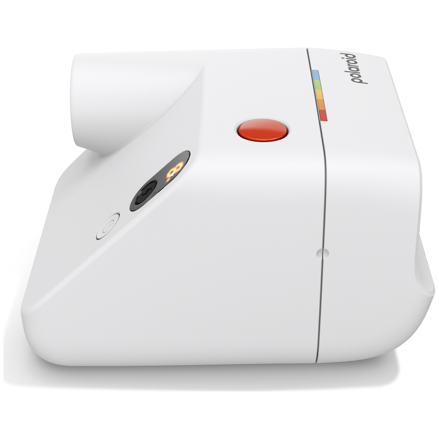 Appareil photo instantané blanc avec bouton rouge et logo Polaroid.
