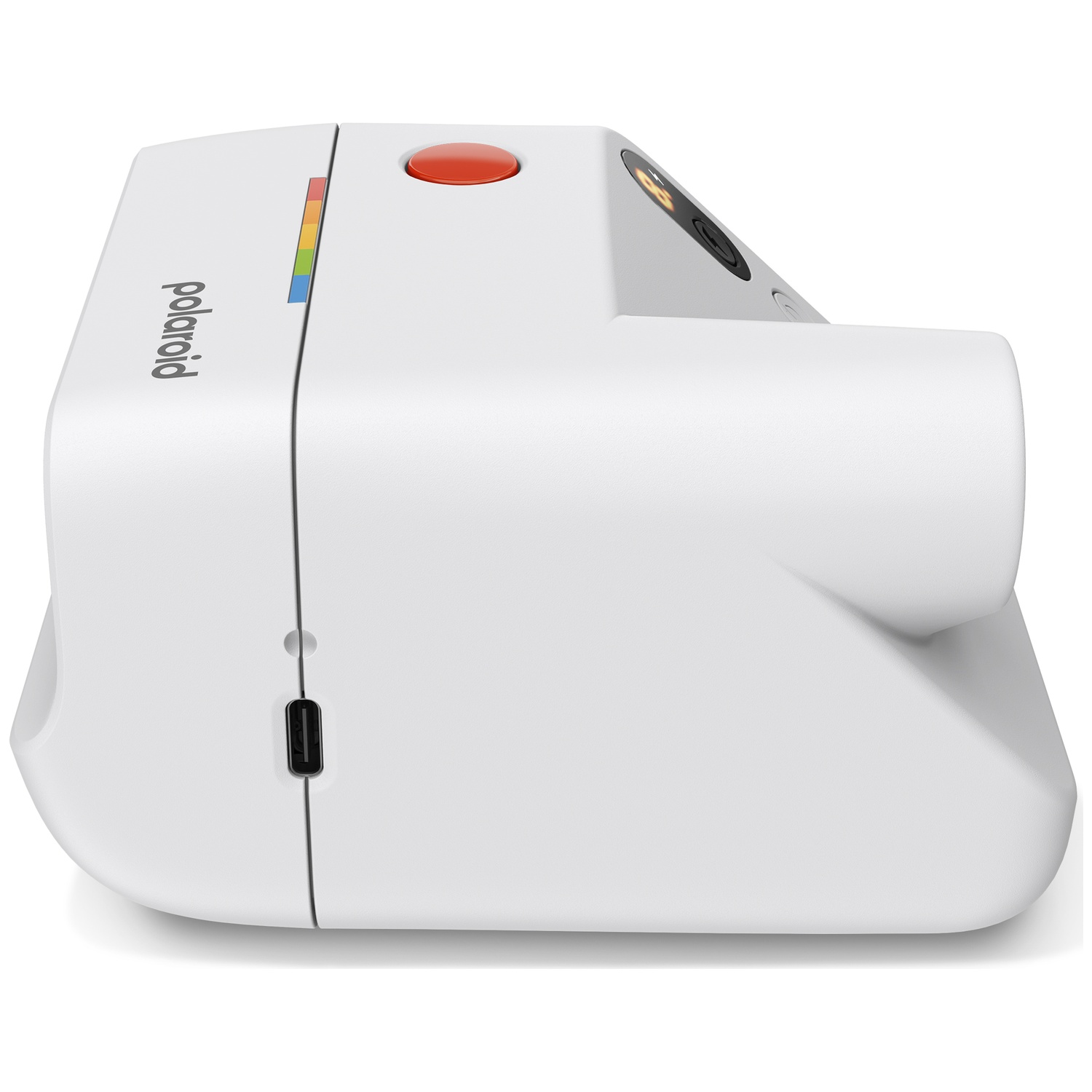 Appareil photo instantané Polaroid blanc avec bouton rouge, rayures colorées et port USB-C.