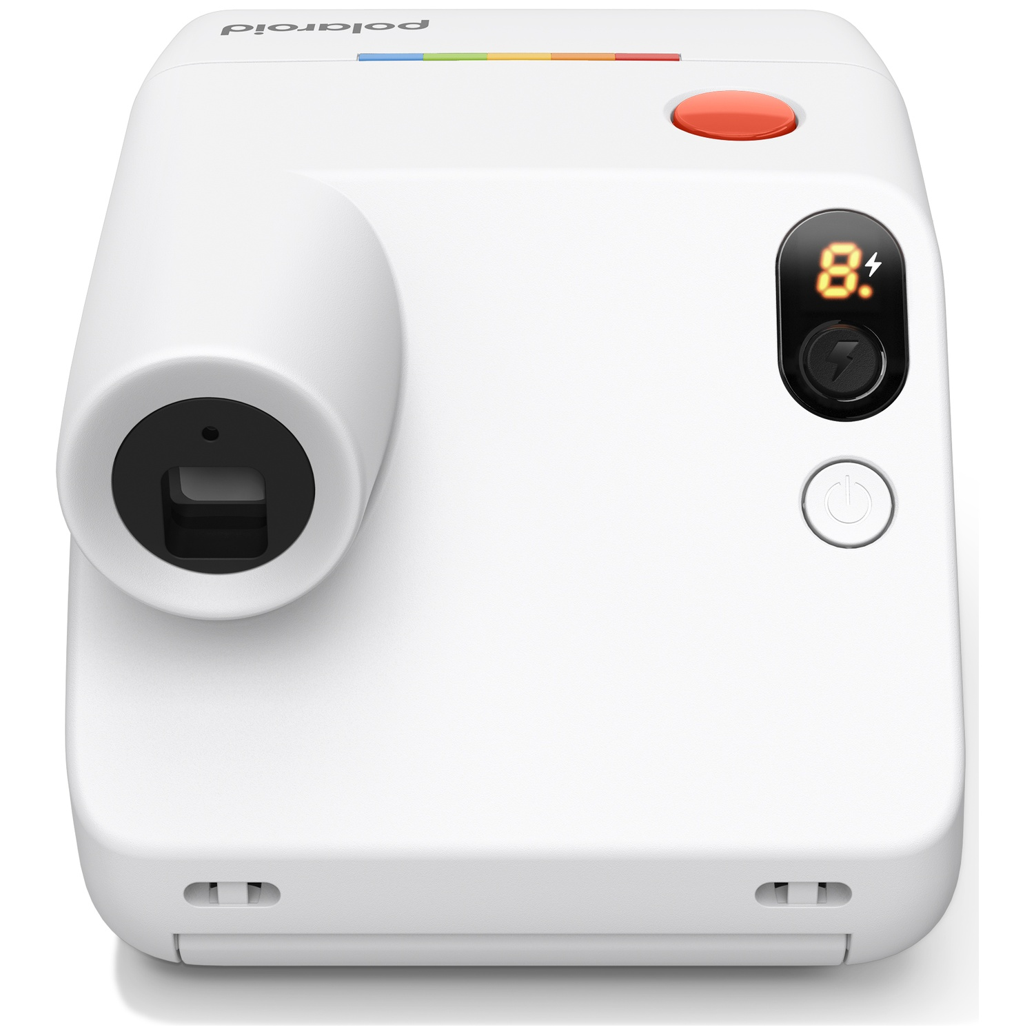 Un appareil photo instantané Polaroid blanc avec un bouton orange et un écran numérique.