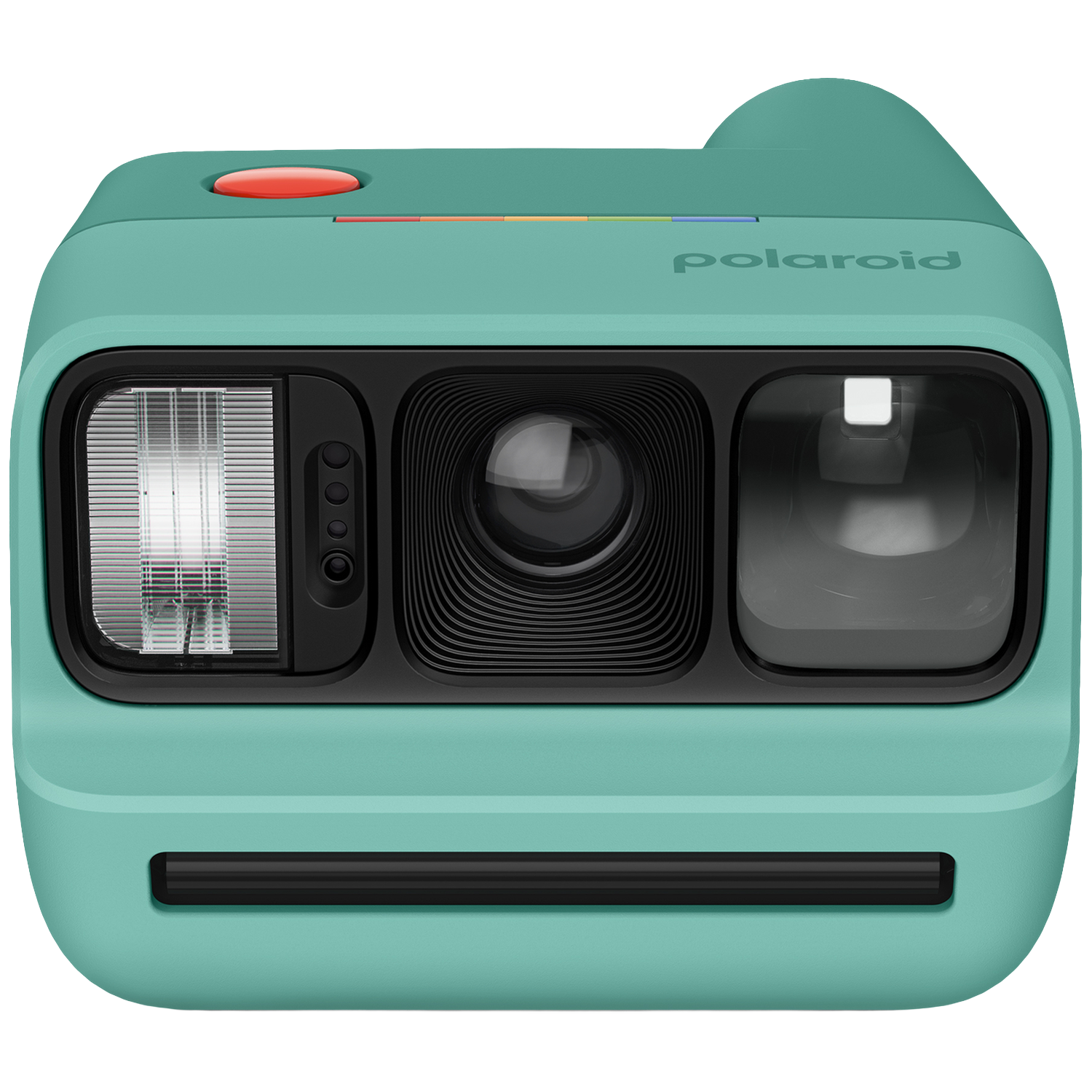 Un appareil photo Polaroid turquoise avec bouton rouge et logo Polaroid.