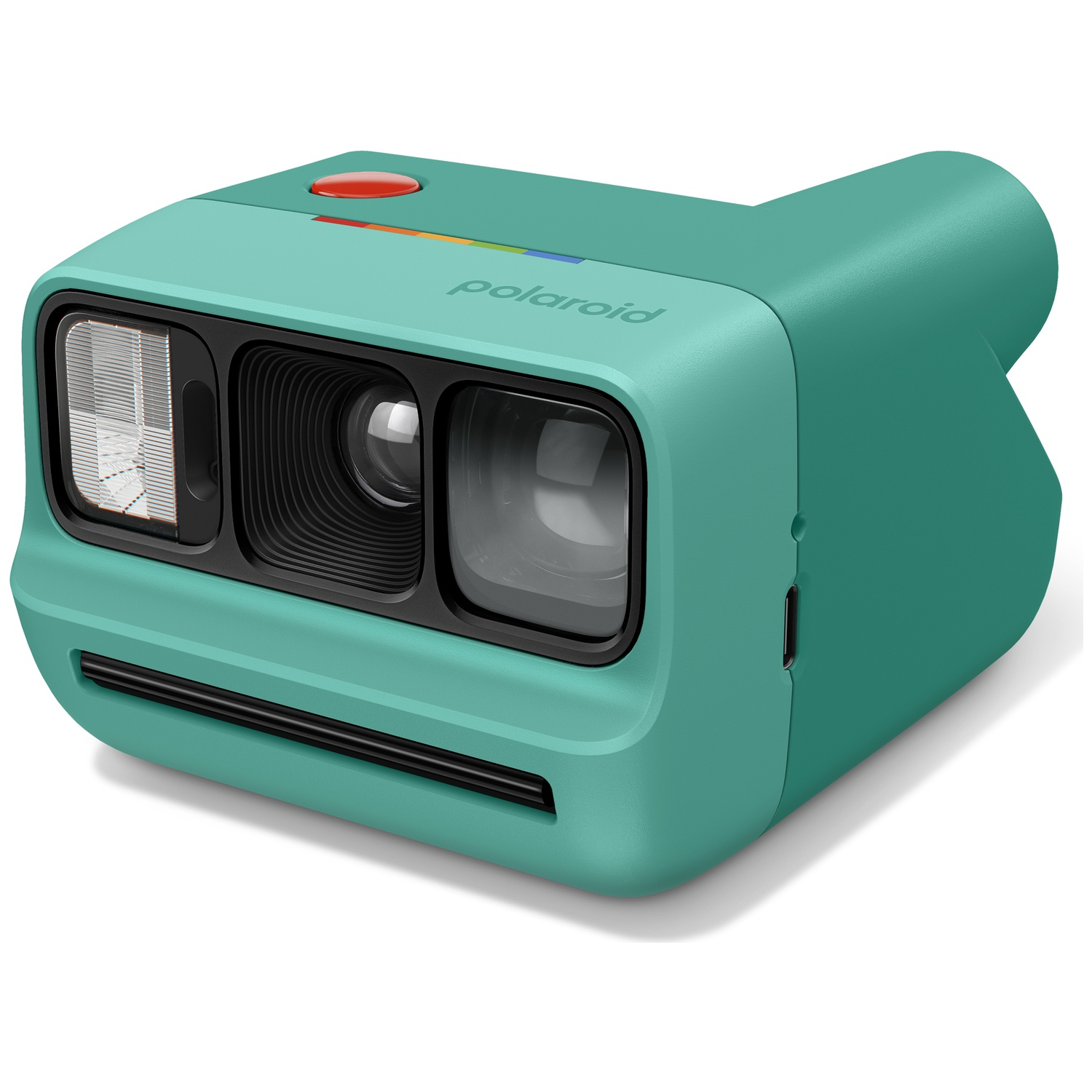 Un appareil photo instantané Polaroid bleu sarcelle avec bouton rouge et accents arc-en-ciel.
