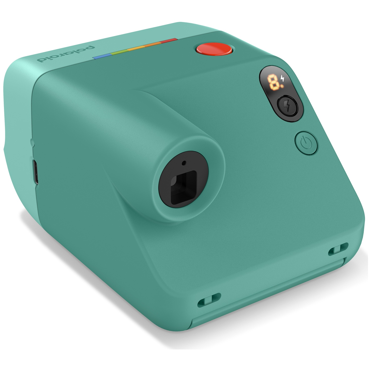 Un appareil photo instantané Polaroid bleu sarcelle avec bouton rouge.