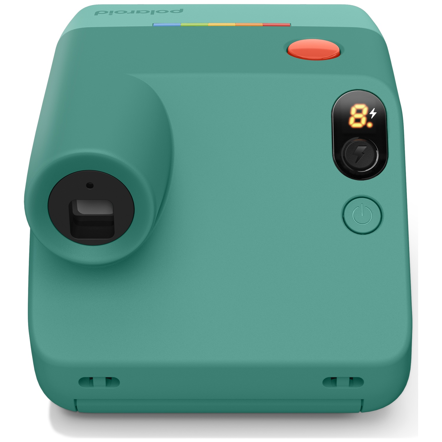 Appareil photo Polaroid vert avec bouton orange et écran numérique.