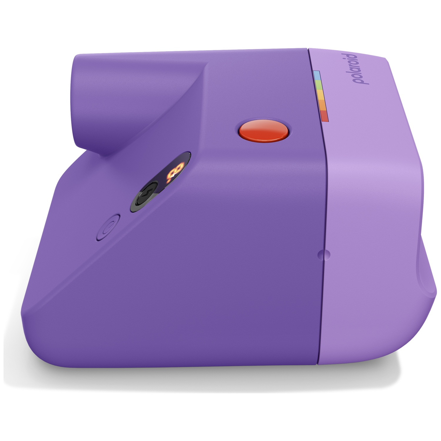 Appareil photo instantané violet avec bouton rouge et logo Polaroid.