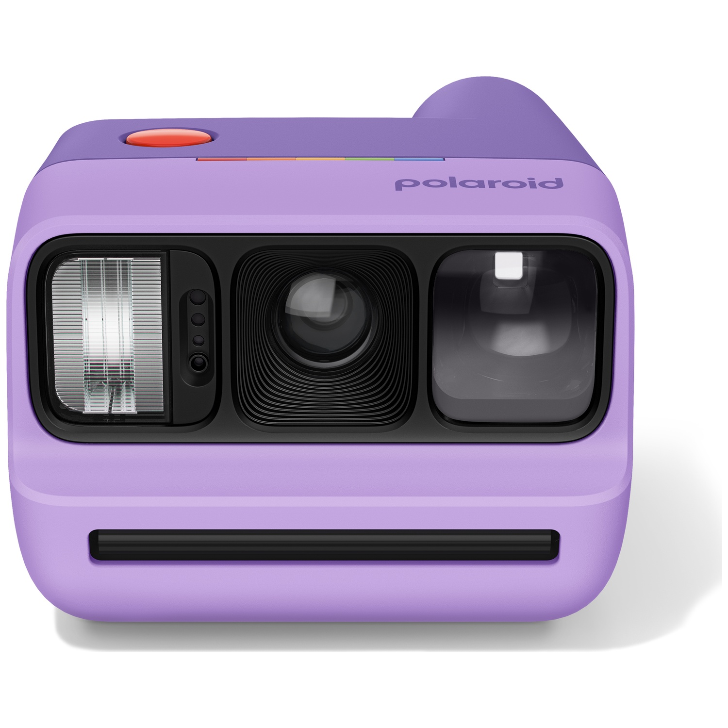 Un appareil photo instantané Polaroid violet avec un bouton rouge et des lentilles.