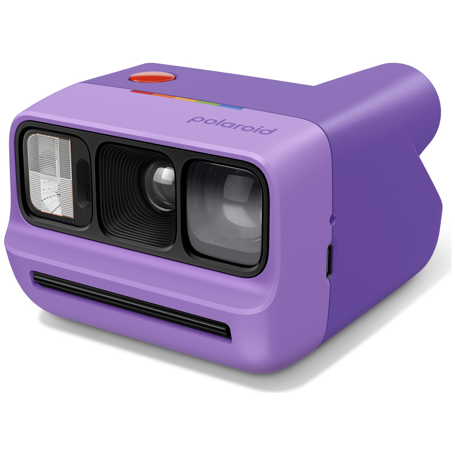Un appareil photo instantané Polaroid violet avec un bouton rouge et des rayures arc-en-ciel.