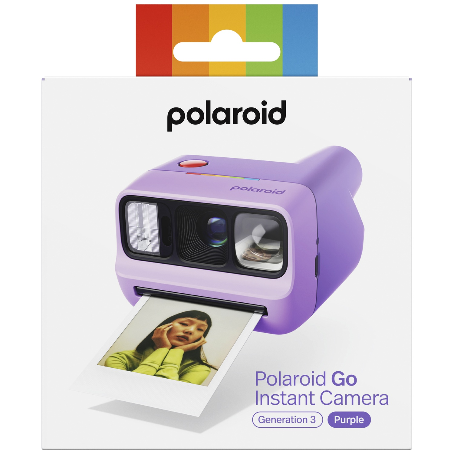 Appareil photo instantané Polaroid Go violet avec une photo de femme.