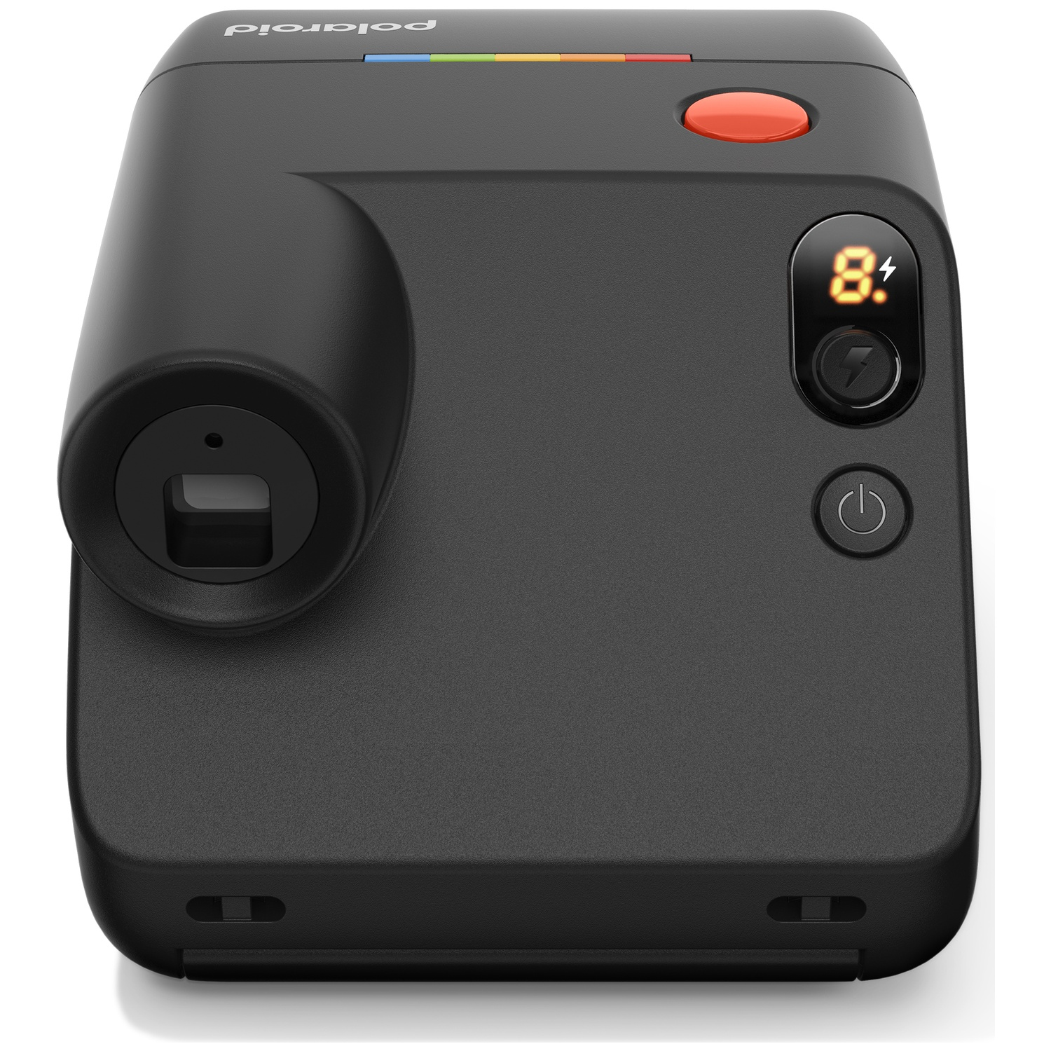 Appareil photo instantané Polaroid noir avec bouton d'obturateur orange et écran numérique.
