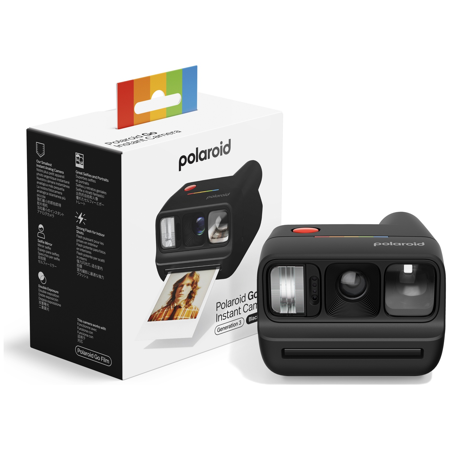 Appareil photo instantané Polaroid Go noir avec logo arc-en-ciel et photo.