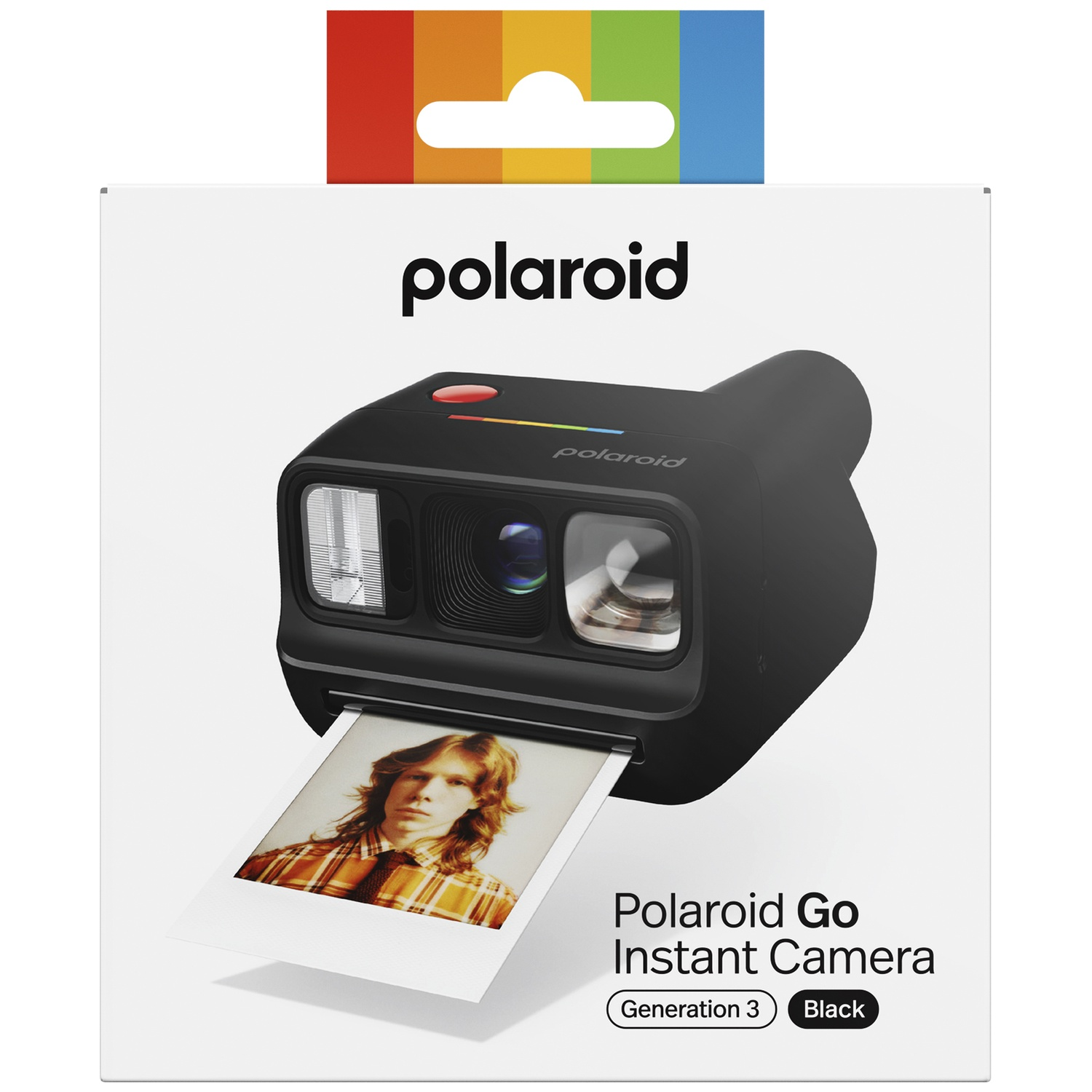 Appareil photo instantané Polaroid Go noir, Génération 3, avec une photo émergeant.