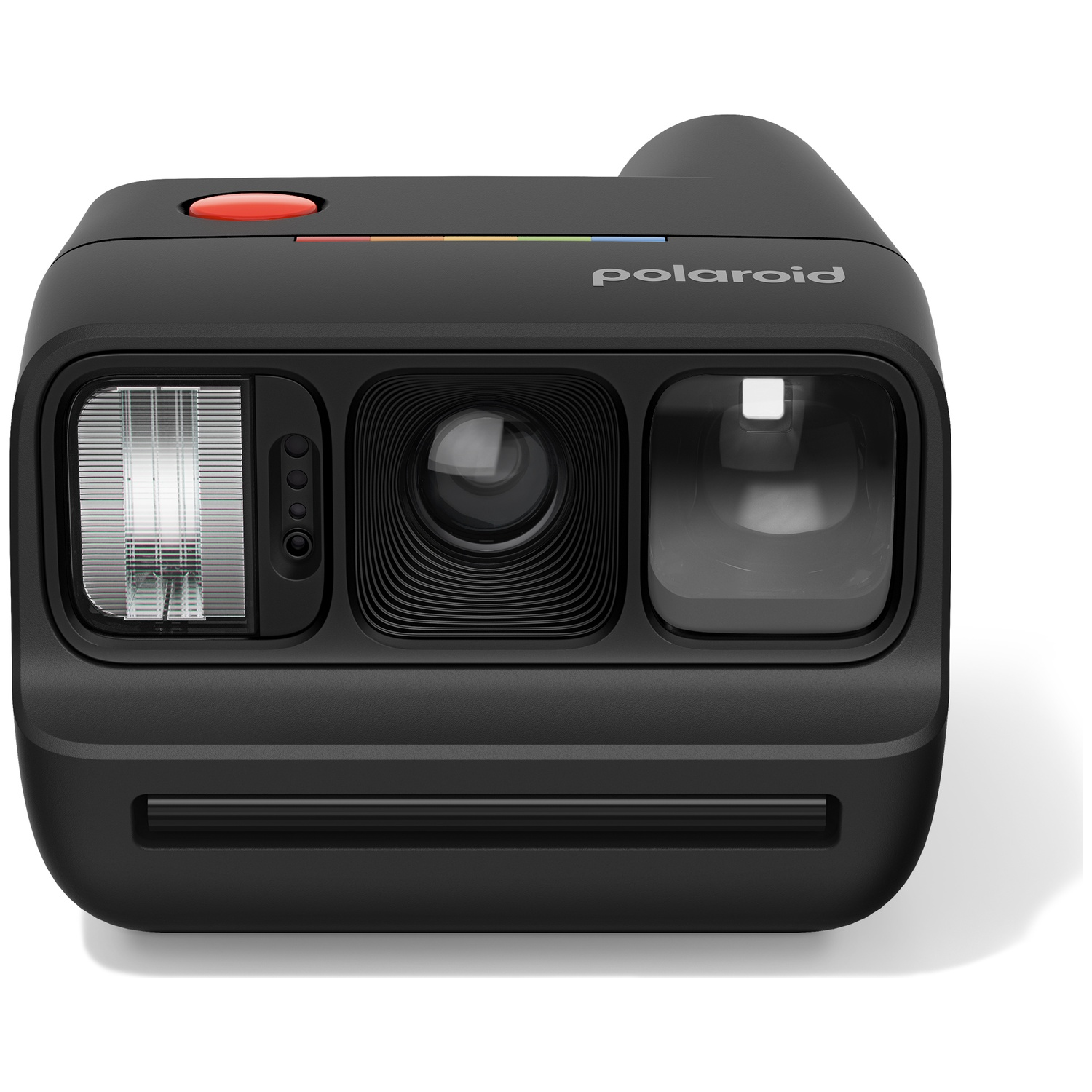 Appareil photo instantané Polaroid noir avec bouton rouge et objectif.