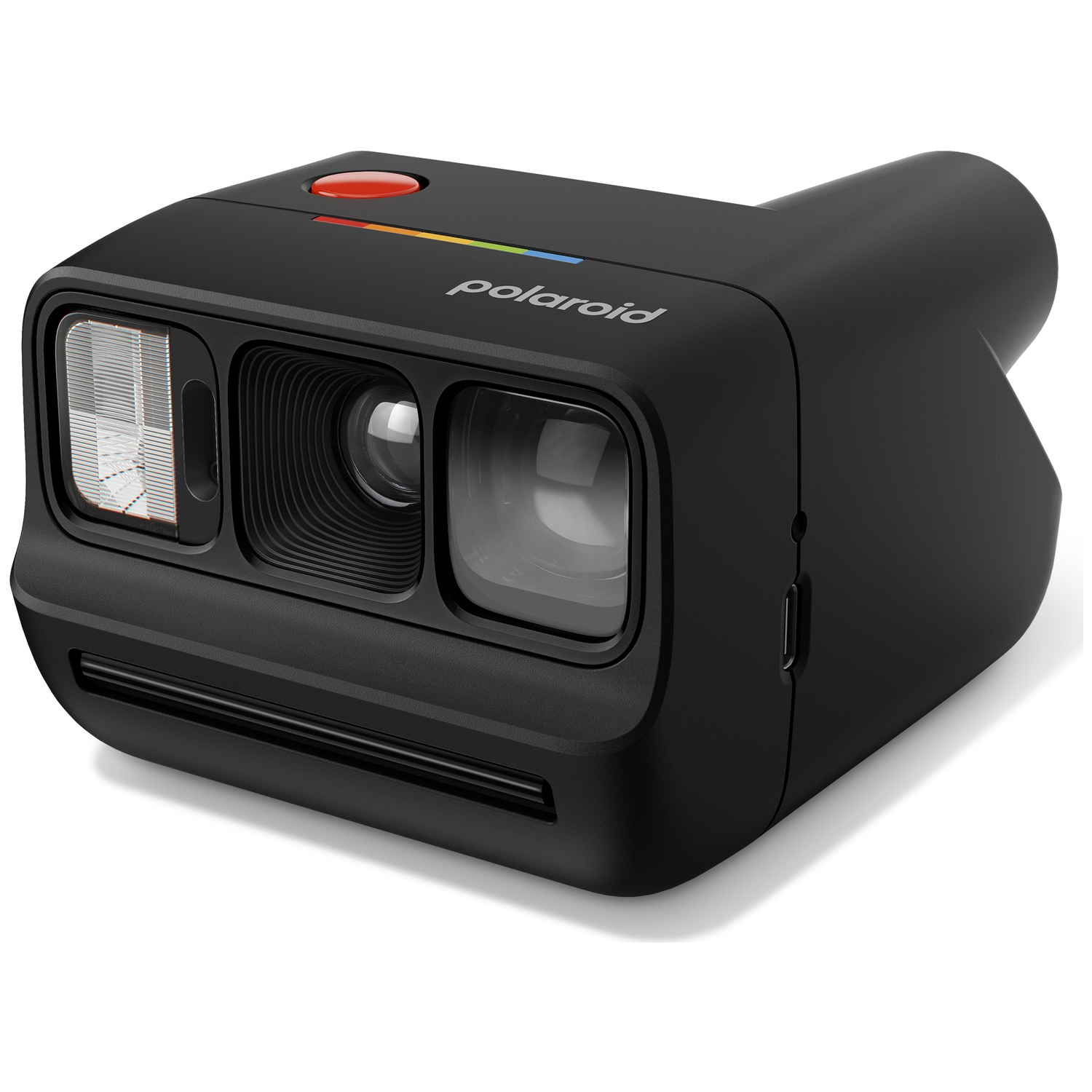 Appareil photo Polaroid noir avec bouton rouge et accent arc-en-ciel.
