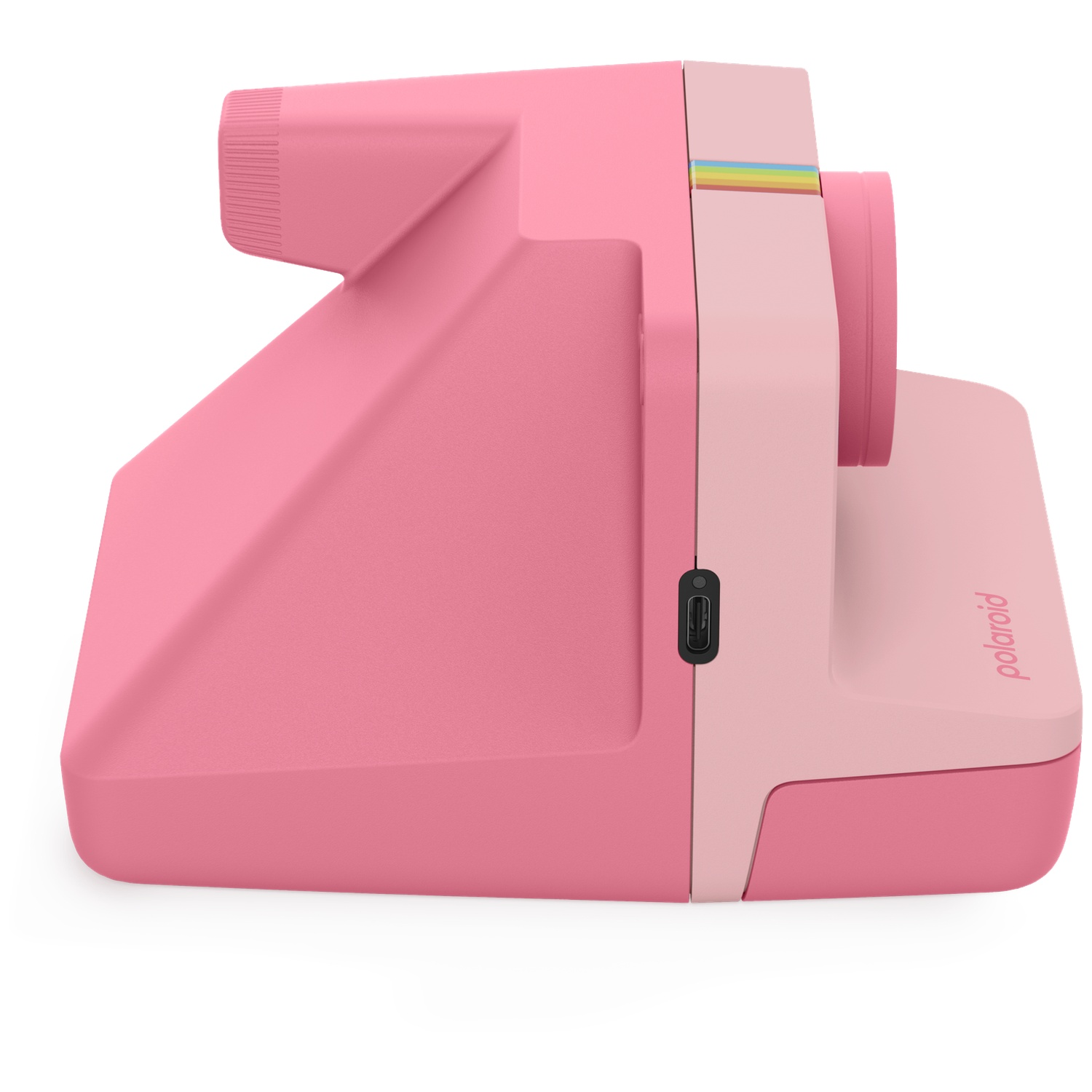 Een roze Polaroid camera met USB-poort en regenboogkleurige streep.