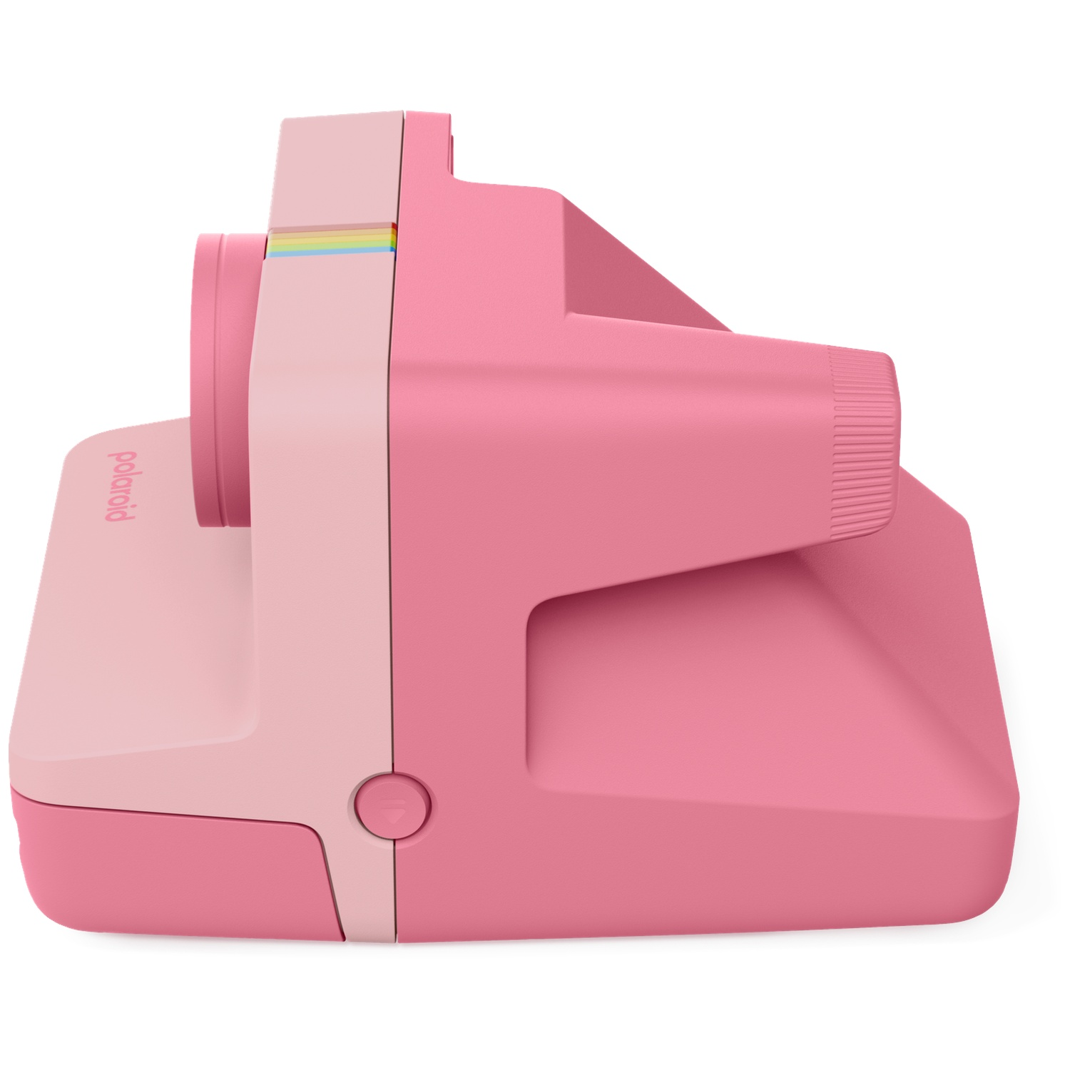 Een roze Polaroid instantcamera met regenboogstrepen, van de zijkant gezien.