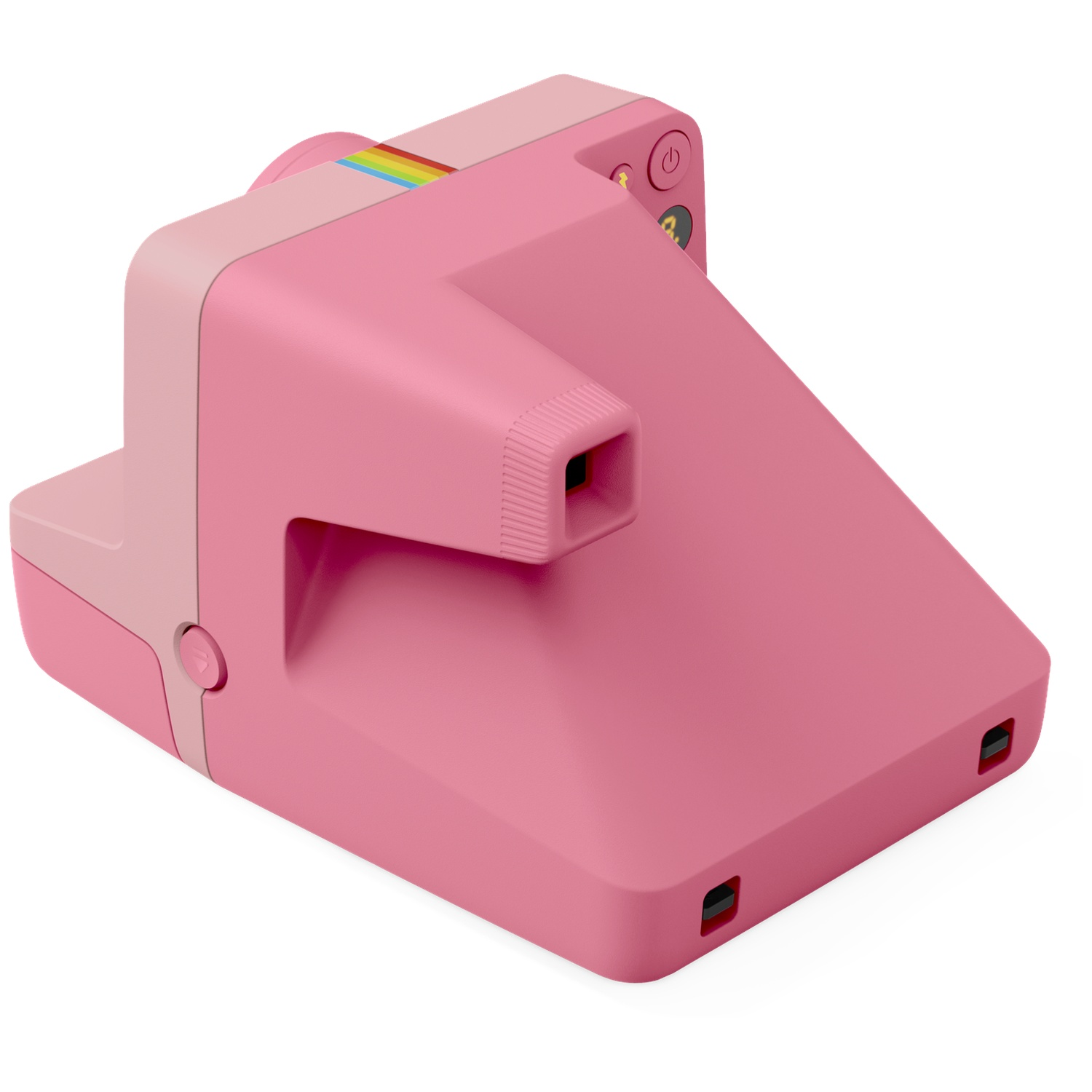 Een roze instantcamera met een regenboogstreep bovenop en een lens aan de voorkant.