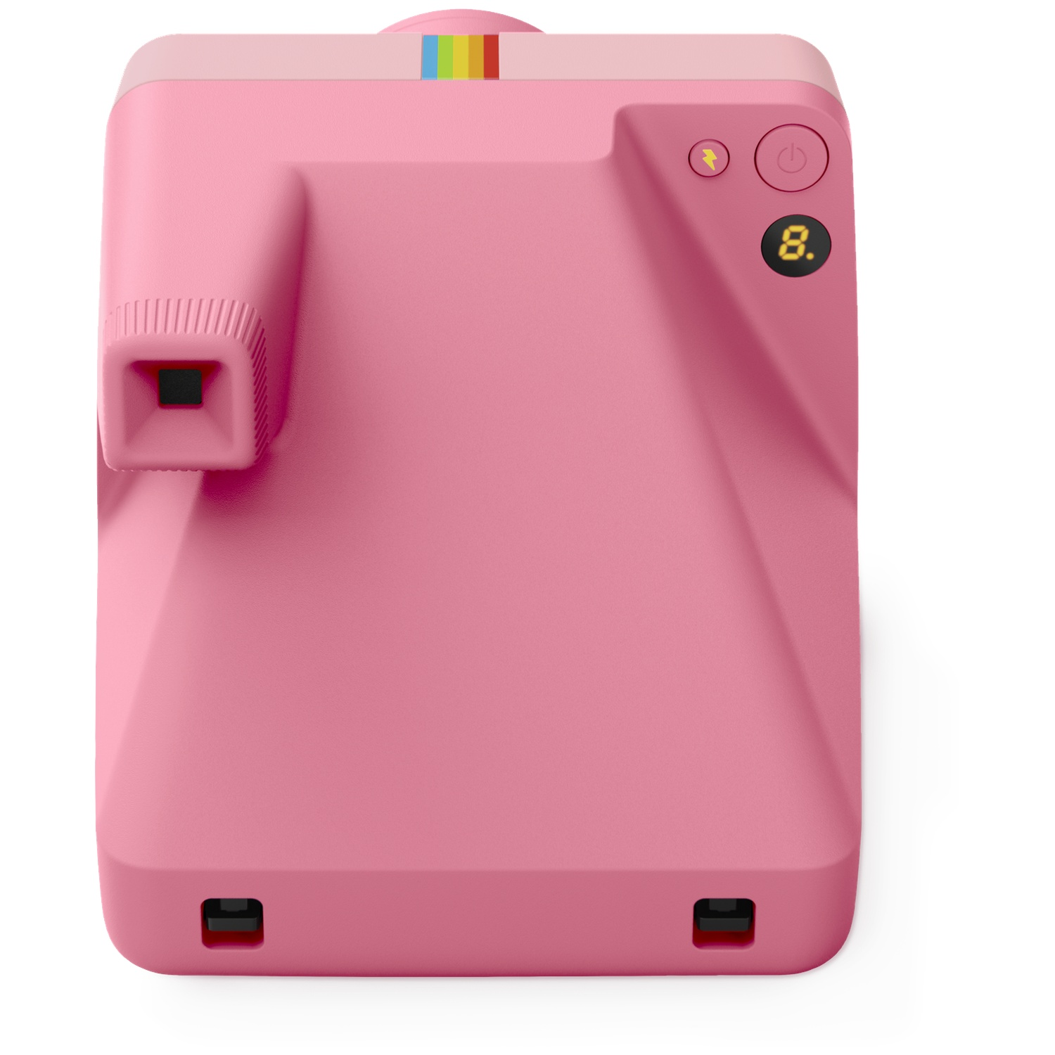 Een roze instantcamera met regenboogstrepen bovenop en een digitaal display.