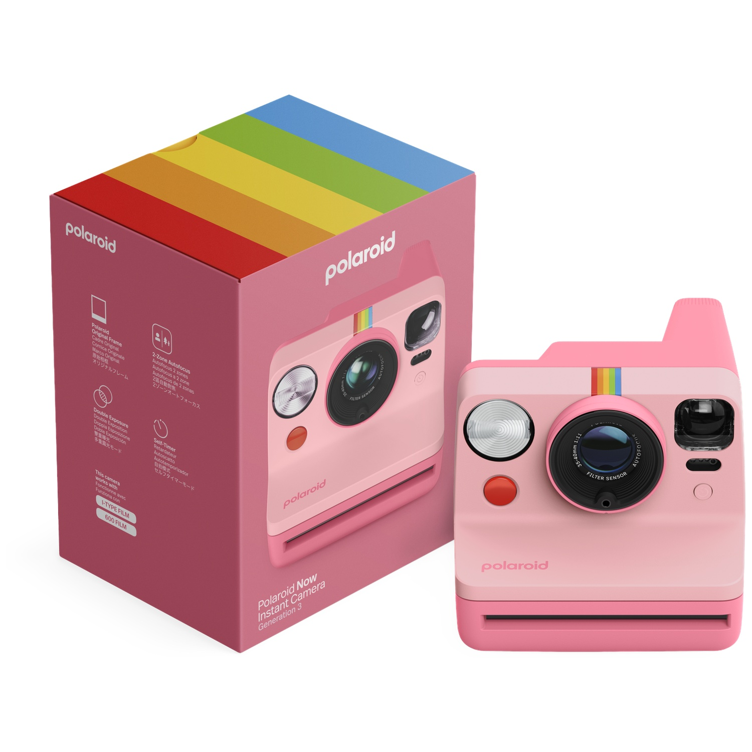 Een roze Polaroid instant camera doos met regenboogstrepen, naast de camera.