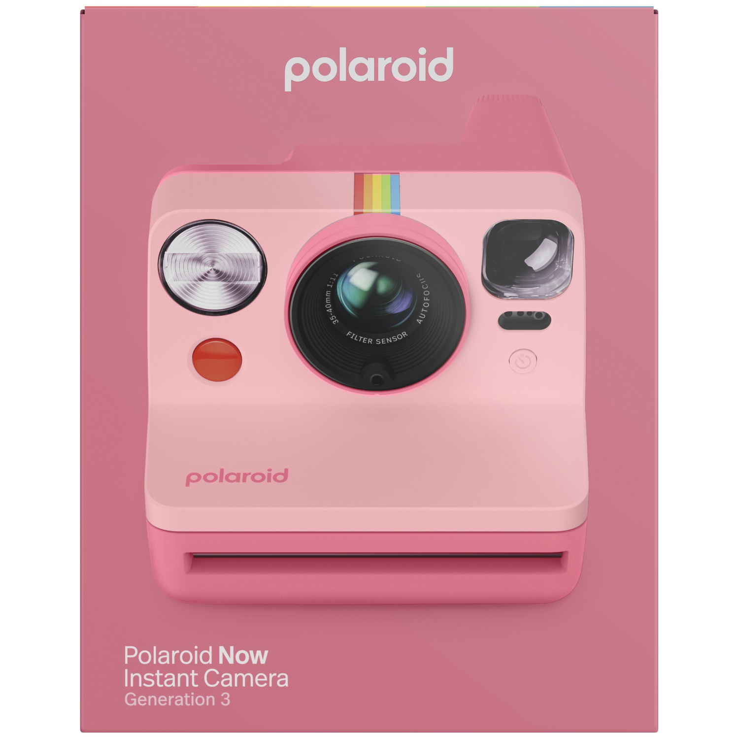 Een roze Polaroid Now instant camera met regenboogstreep en tekst.