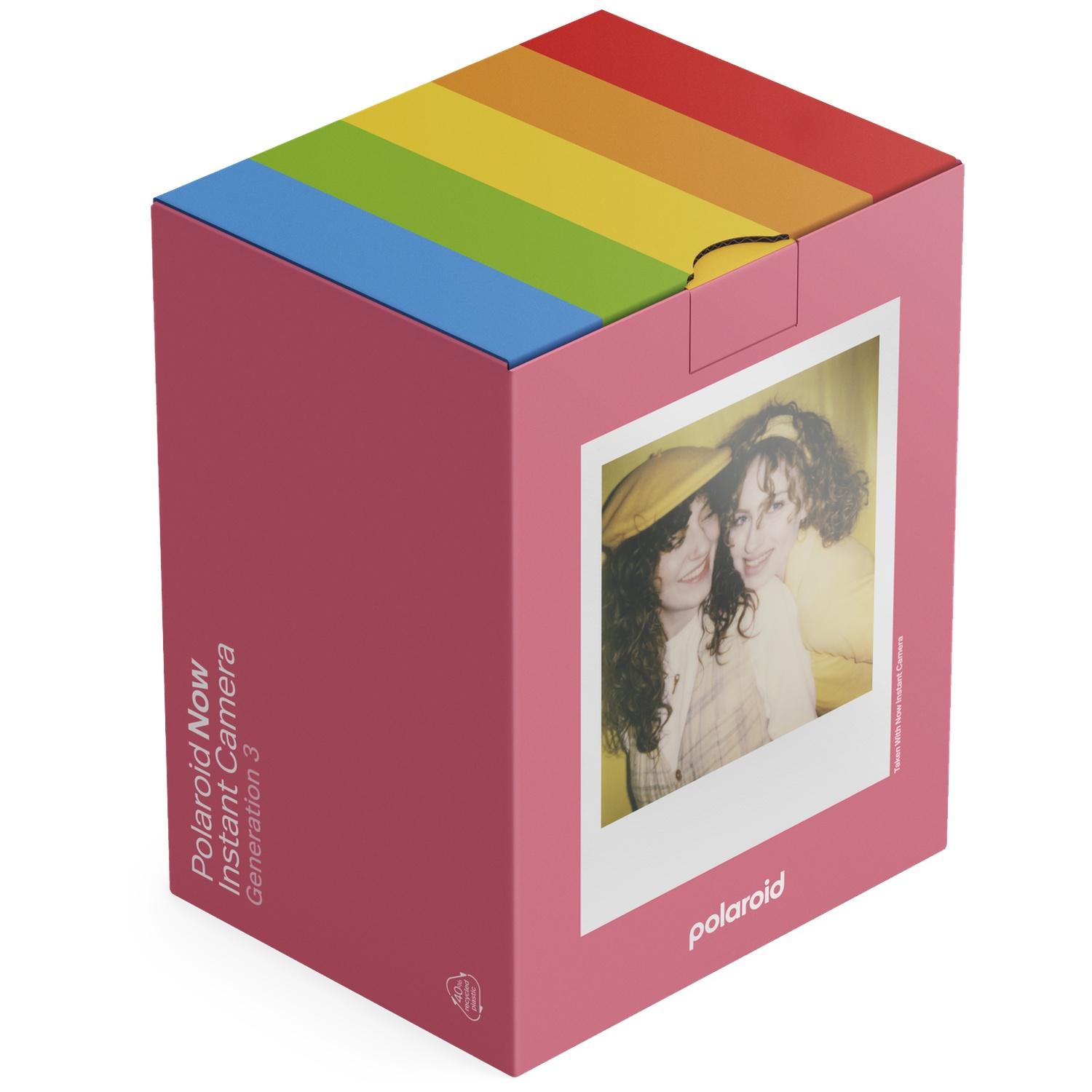 Een roze doos met Polaroid-logo en foto van twee vrouwen.