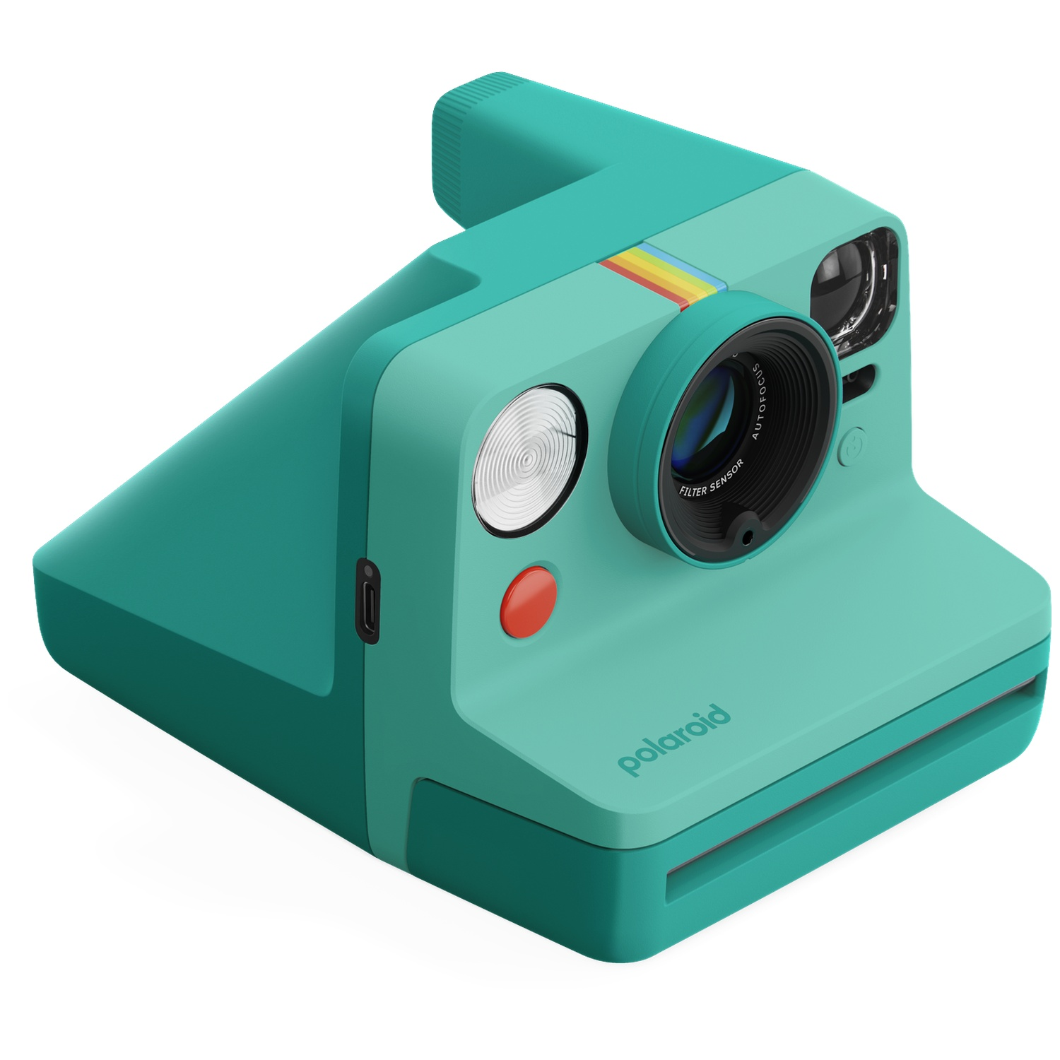 Turquoise Polaroid directklaar camera met regenboogstreep en rode sluiterknop.