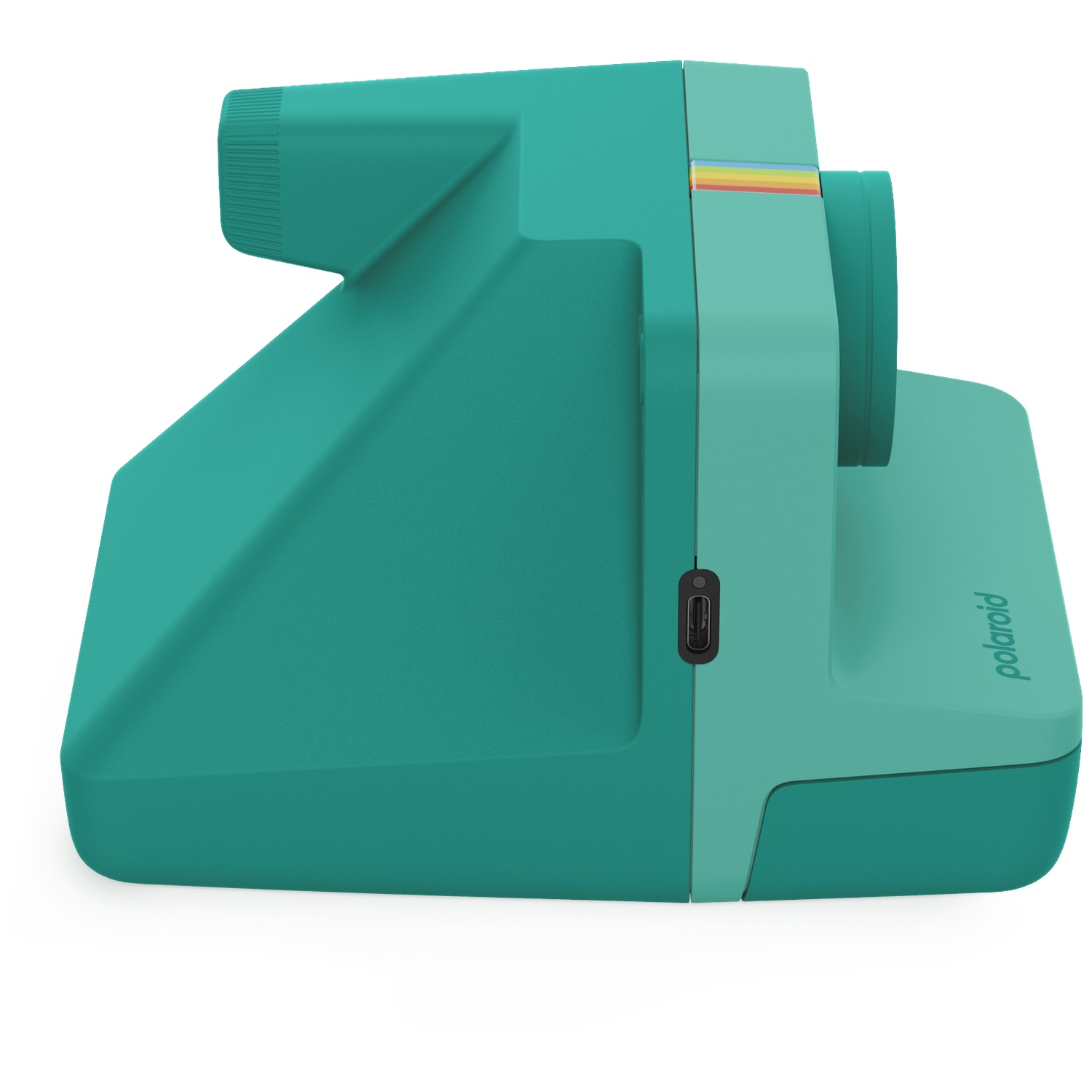 Turquoise Polaroid camera met regenboogstrepen en USB-poort.