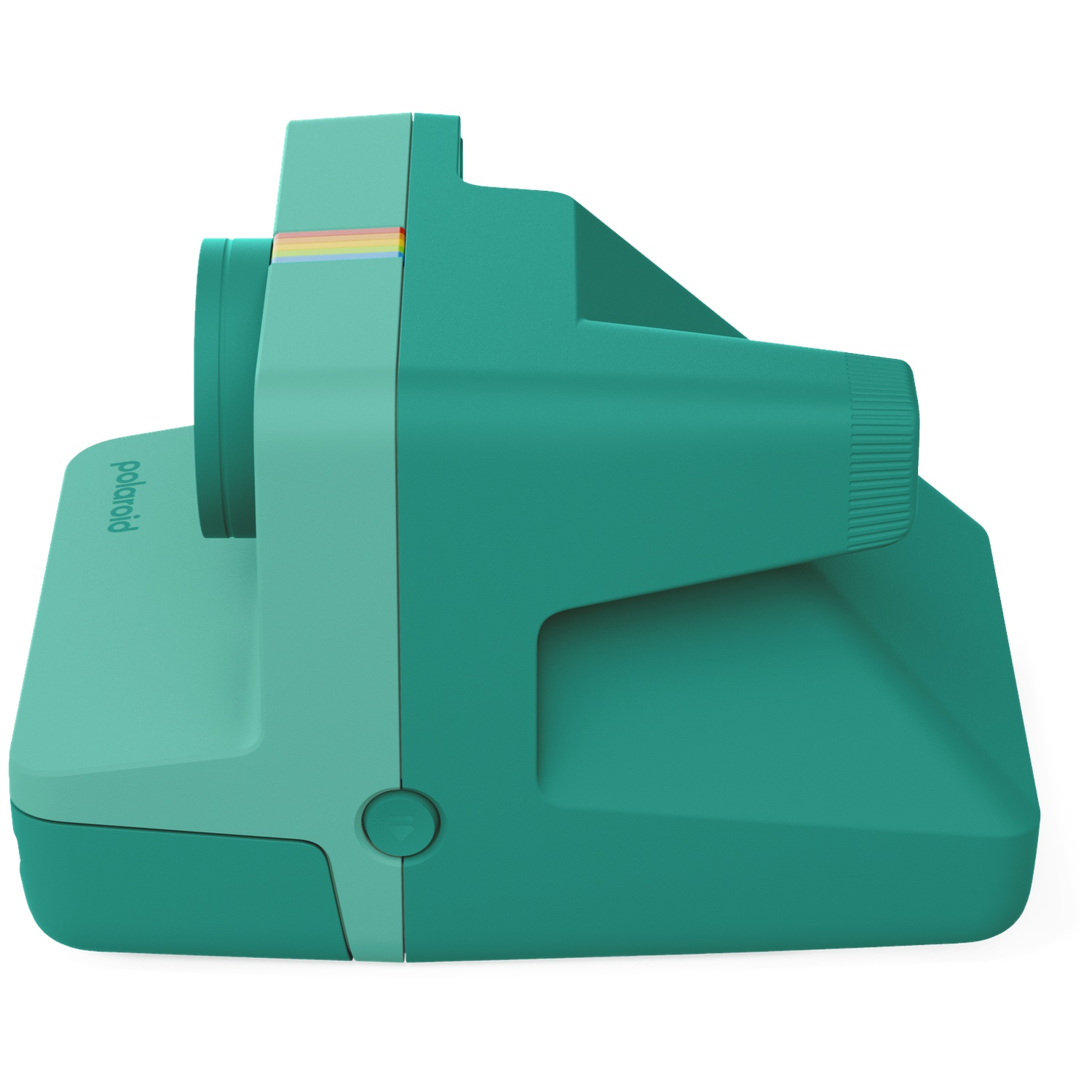 Een teal plastic Polaroid instant camera model met regenboogstrepen op de lens.