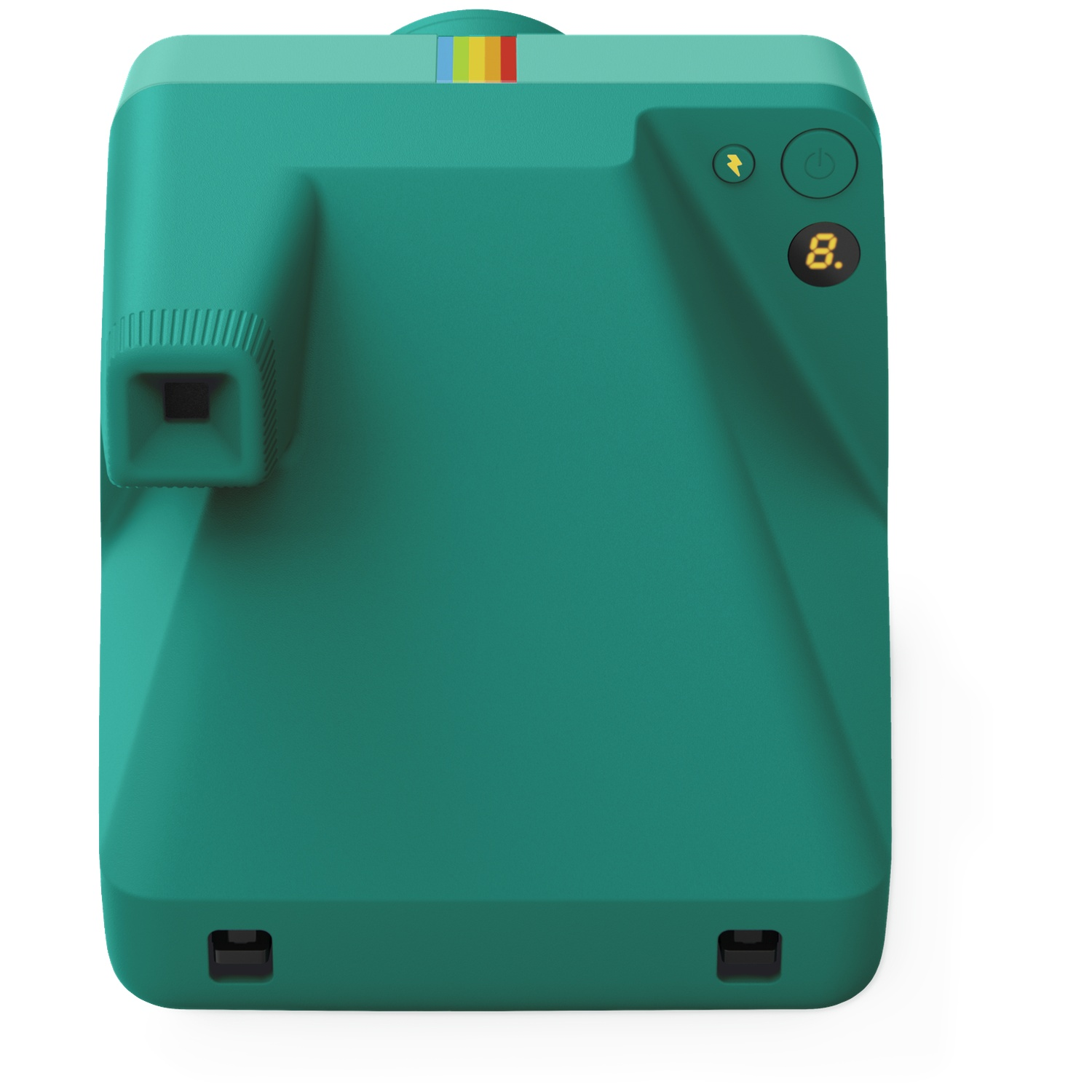 Een groene instantcamera met regenboogstrepen en een digitaal display.