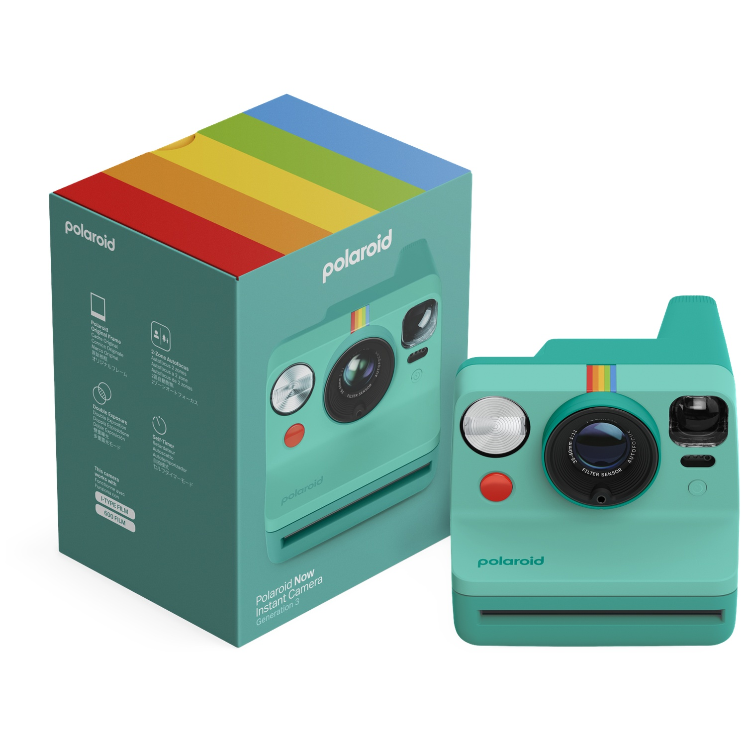 Turquoise Polaroid Now instantcamera met doos. De doos heeft een regenboogstreep aan de bovenkant.