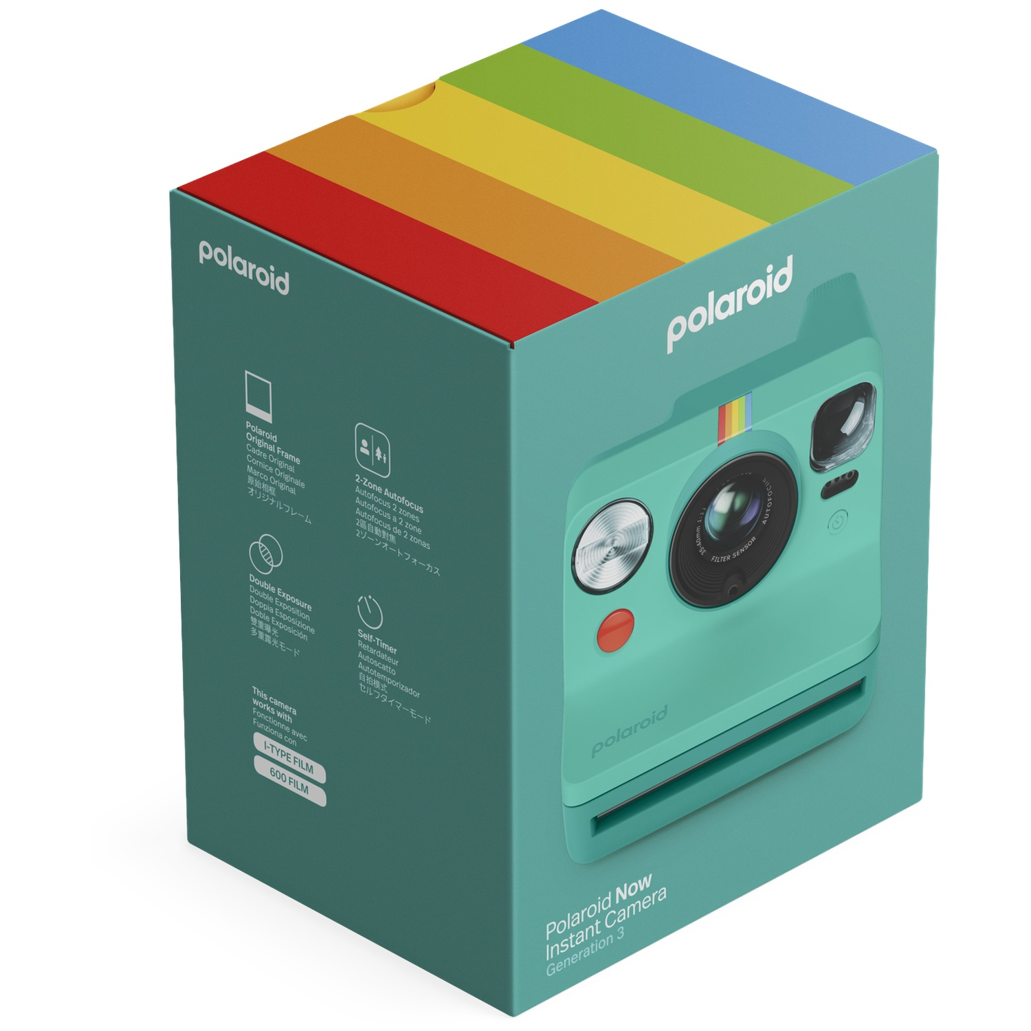 Turquoise Polaroid Now Instant Camera Generation 3 doos met regenboogstrepen.