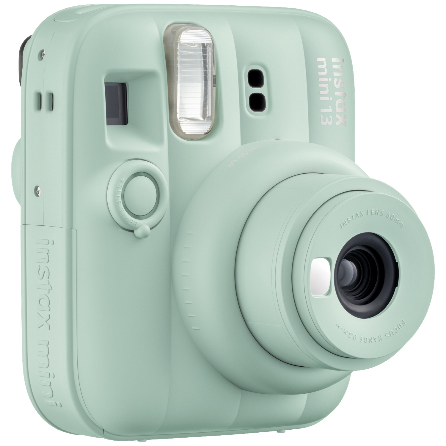 Un appareil photo instantané Instax Mini 13 vert menthe avec objectif et flash.