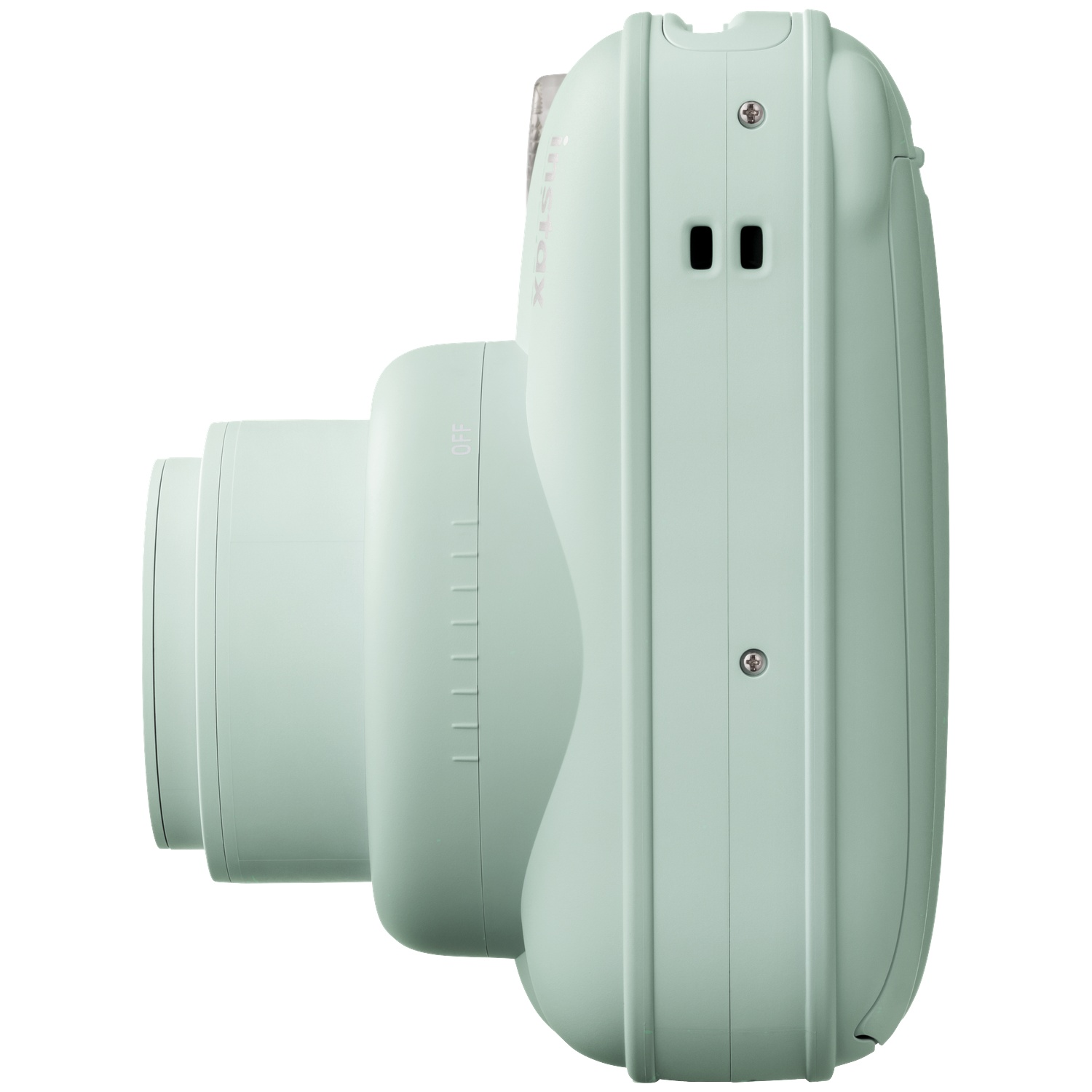 Une caméra instantanée vert pâle vue de côté, avec objectif et flash.
