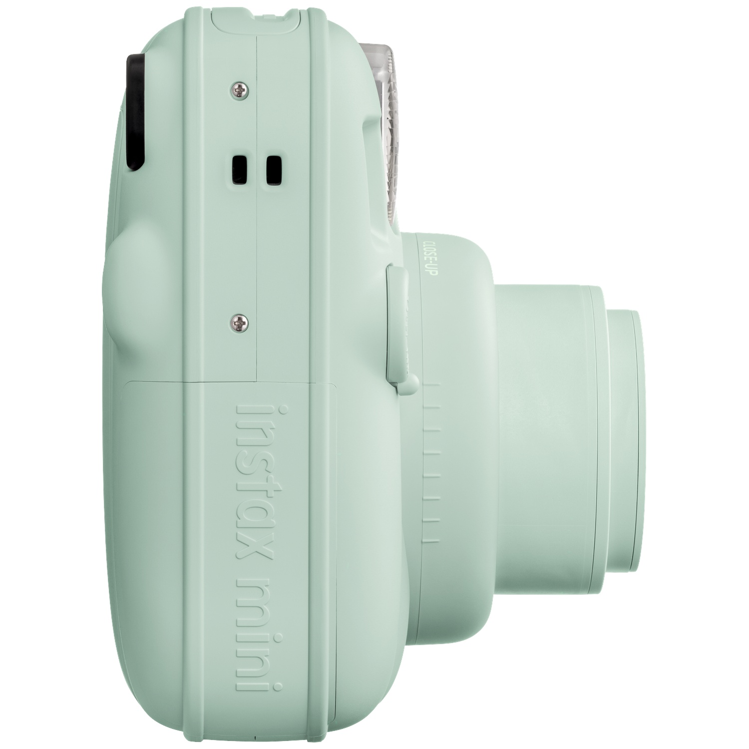 Un appareil photo instantané vert clair de profil avec le texte "Instax mini".