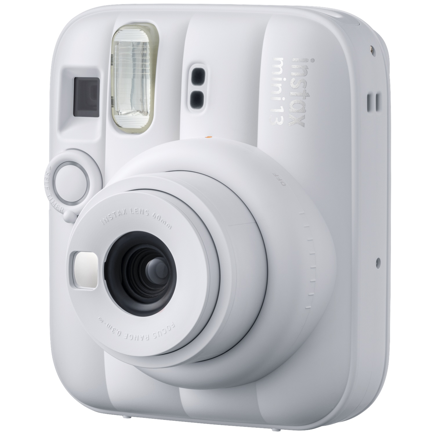 Un appareil photo instantané Fujifilm Instax Mini 13 blanc avec un grand objectif et flash.