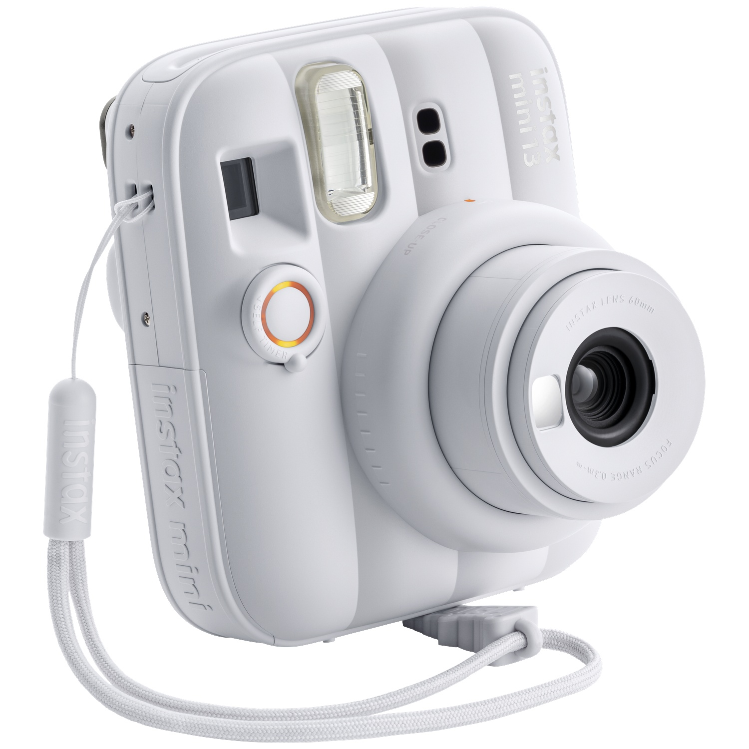 Un appareil photo instantané Instax Mini 13 blanc avec bague d'objectif, flash et dragonne.
