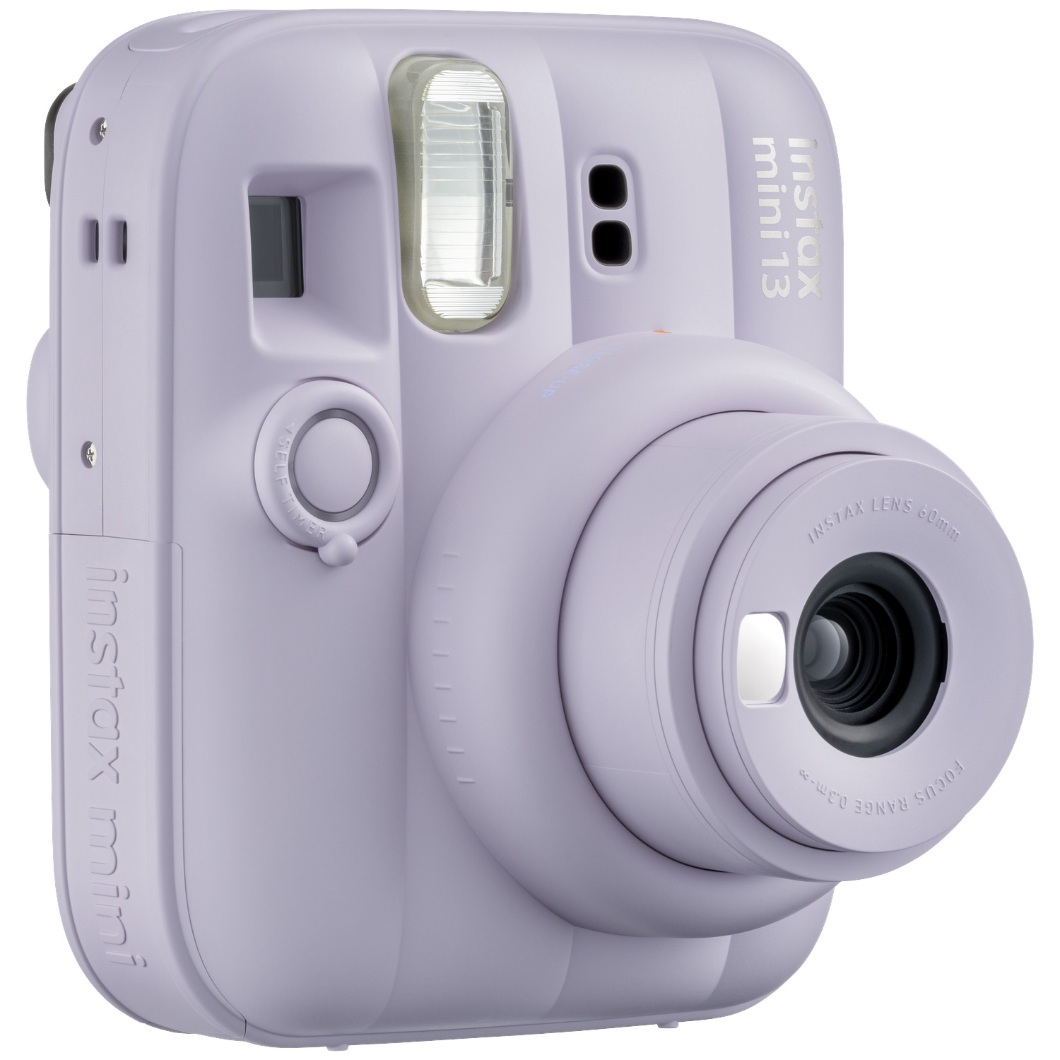 Un appareil photo instantané lavande avec flash et objectif.
