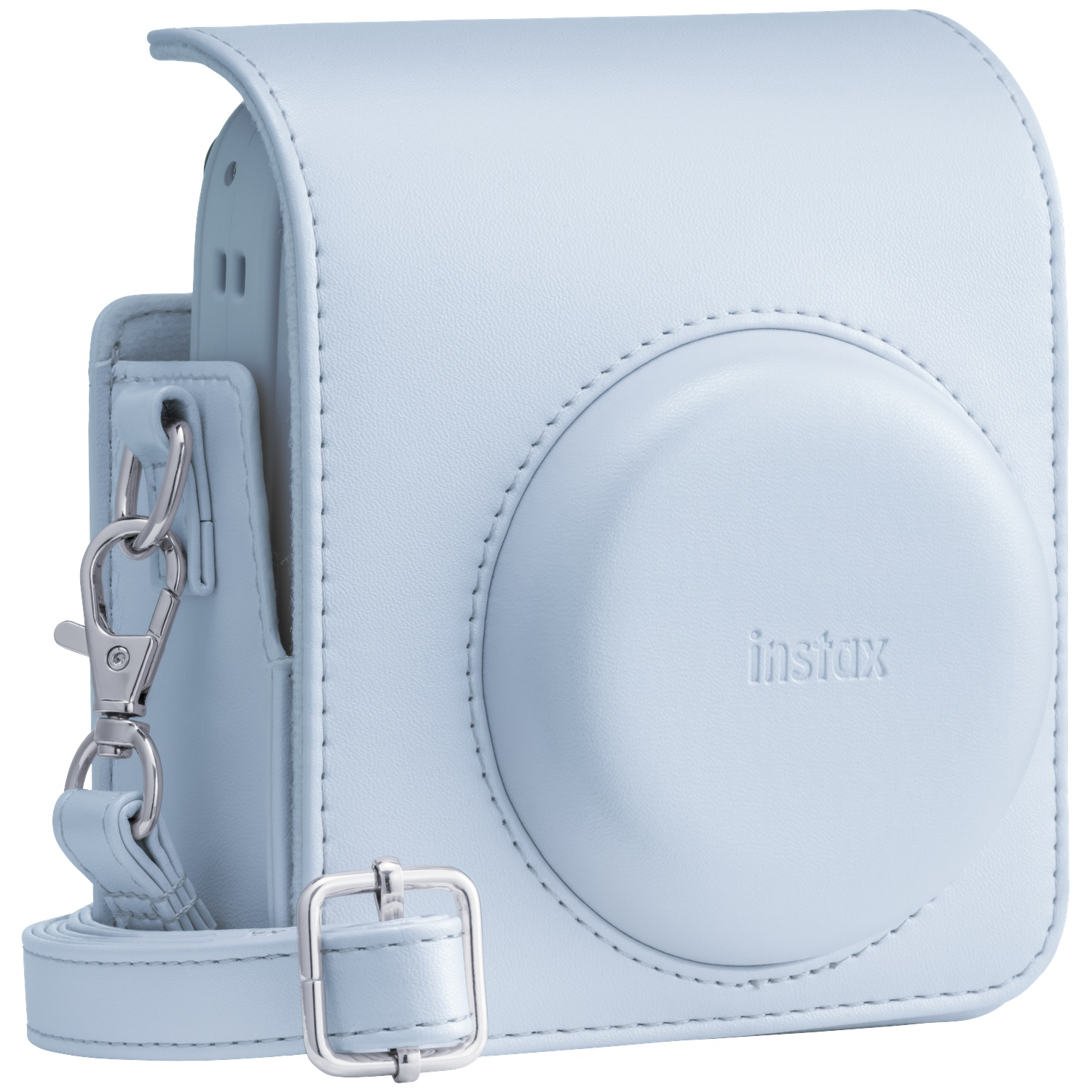 Light blue leather case for instant camera with shoulder strap and silver buckle.