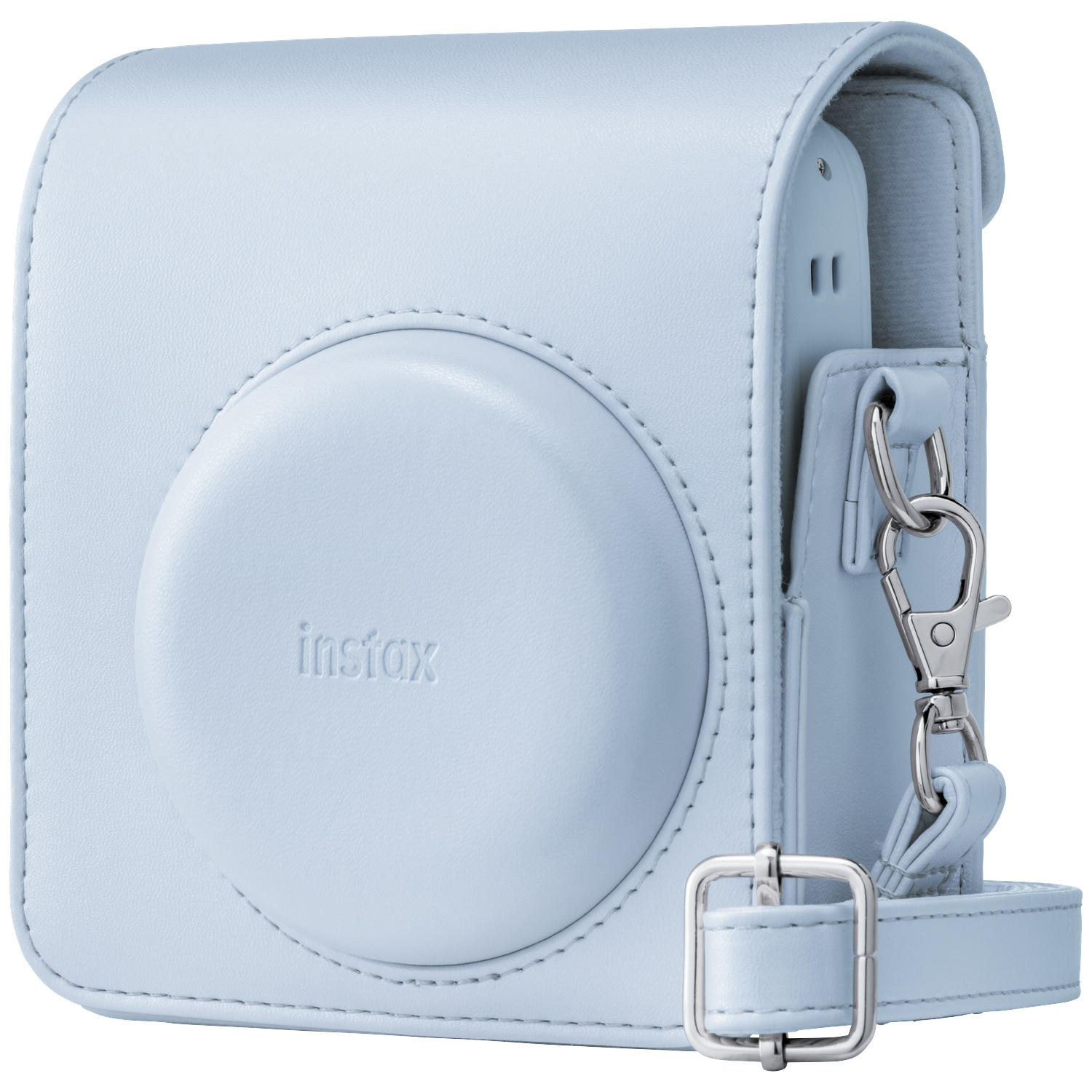 Light blue leather camera case with "instax" logo and shoulder strap.
