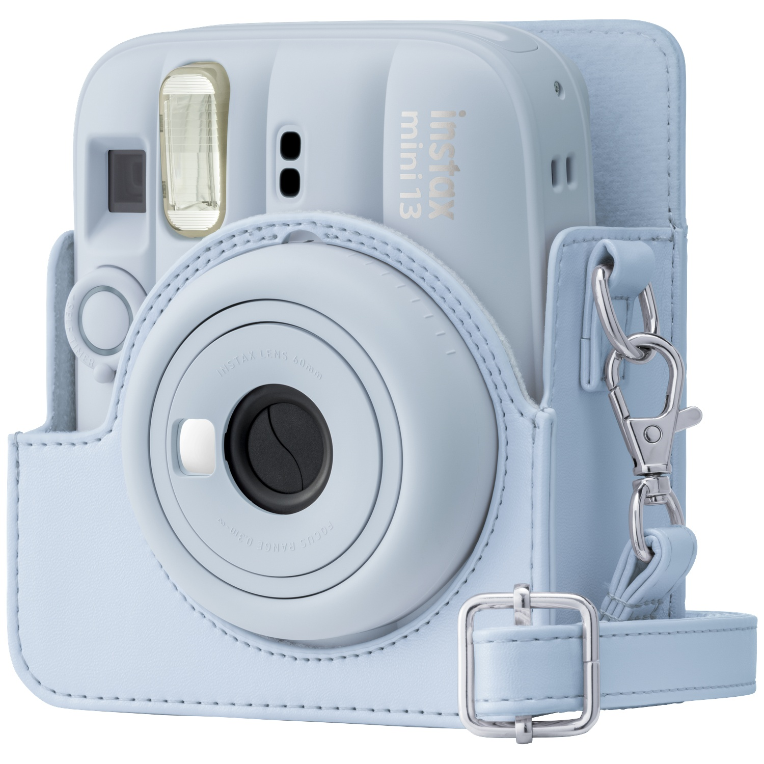 A light blue instant camera in a matching case with a strap.