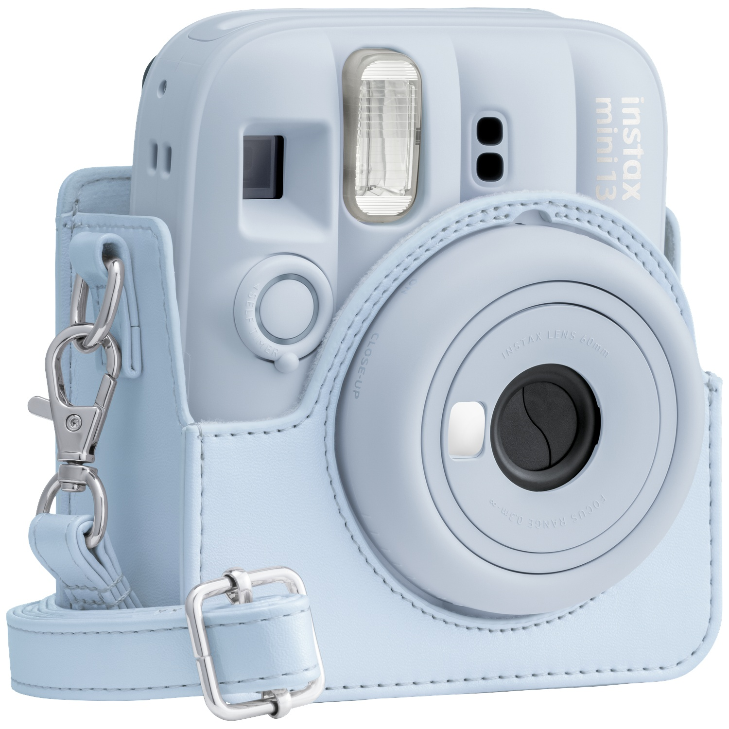 A light blue instant camera with a protective case and strap.