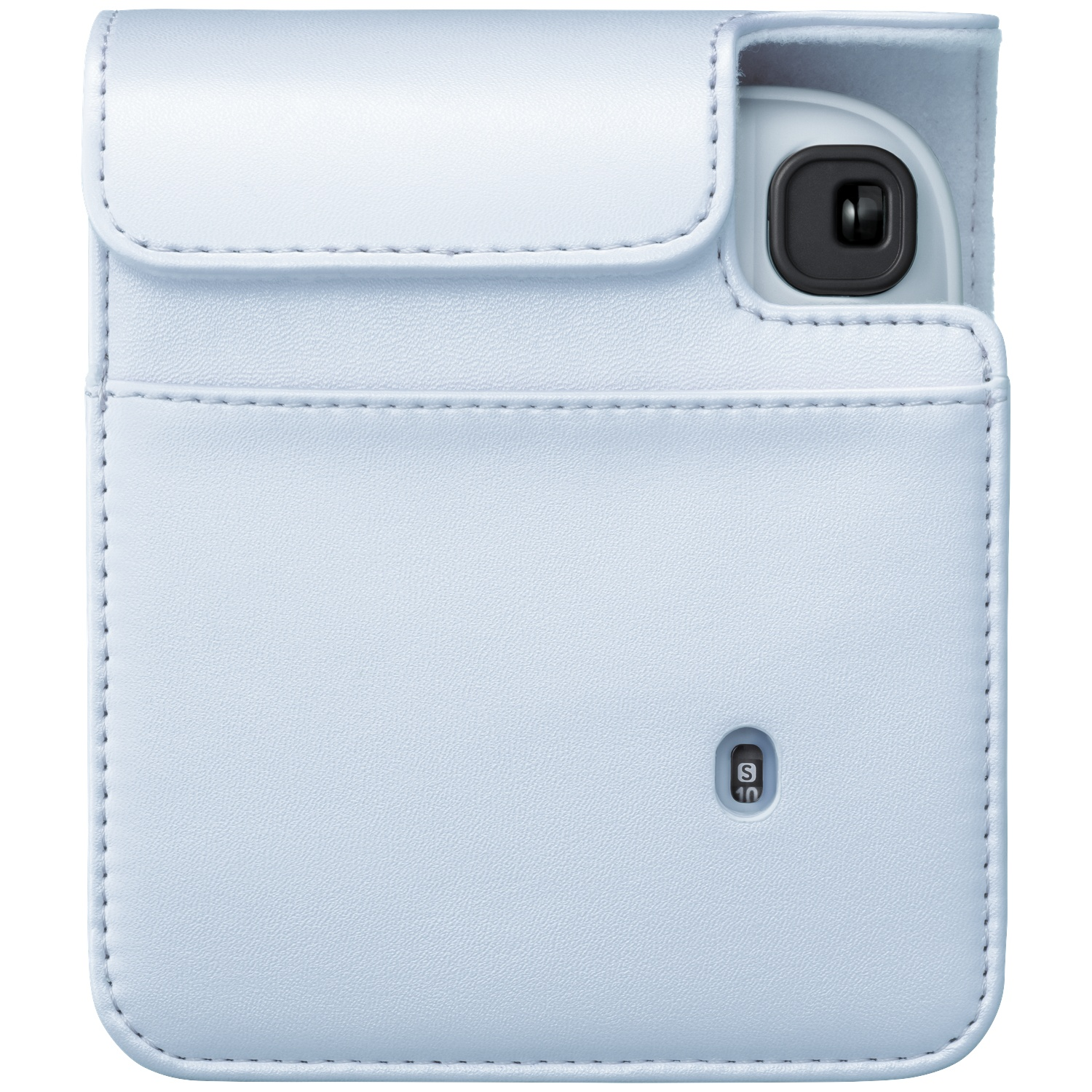 A light blue leather camera case with stitching and a lens cutout.