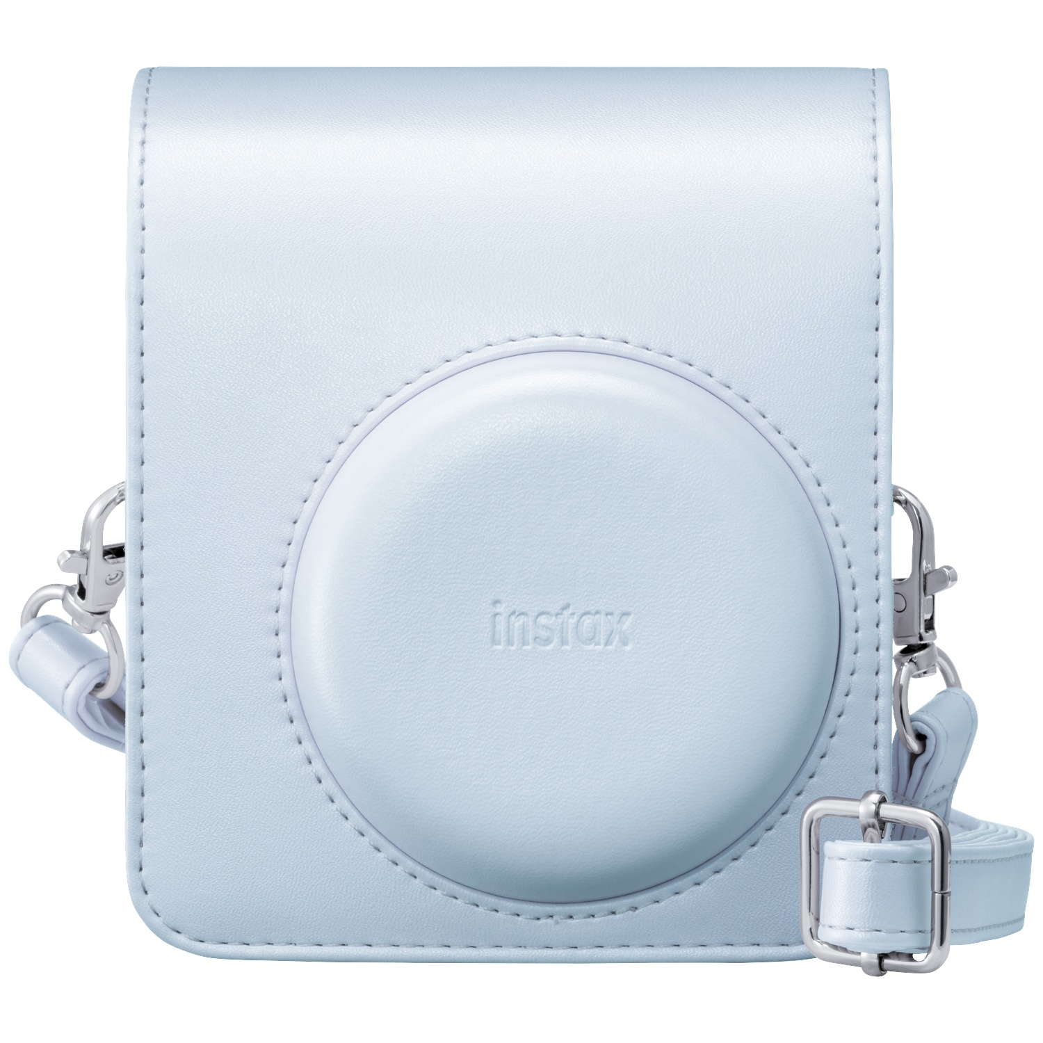 A light blue leather camera case with a strap and the Instax logo.