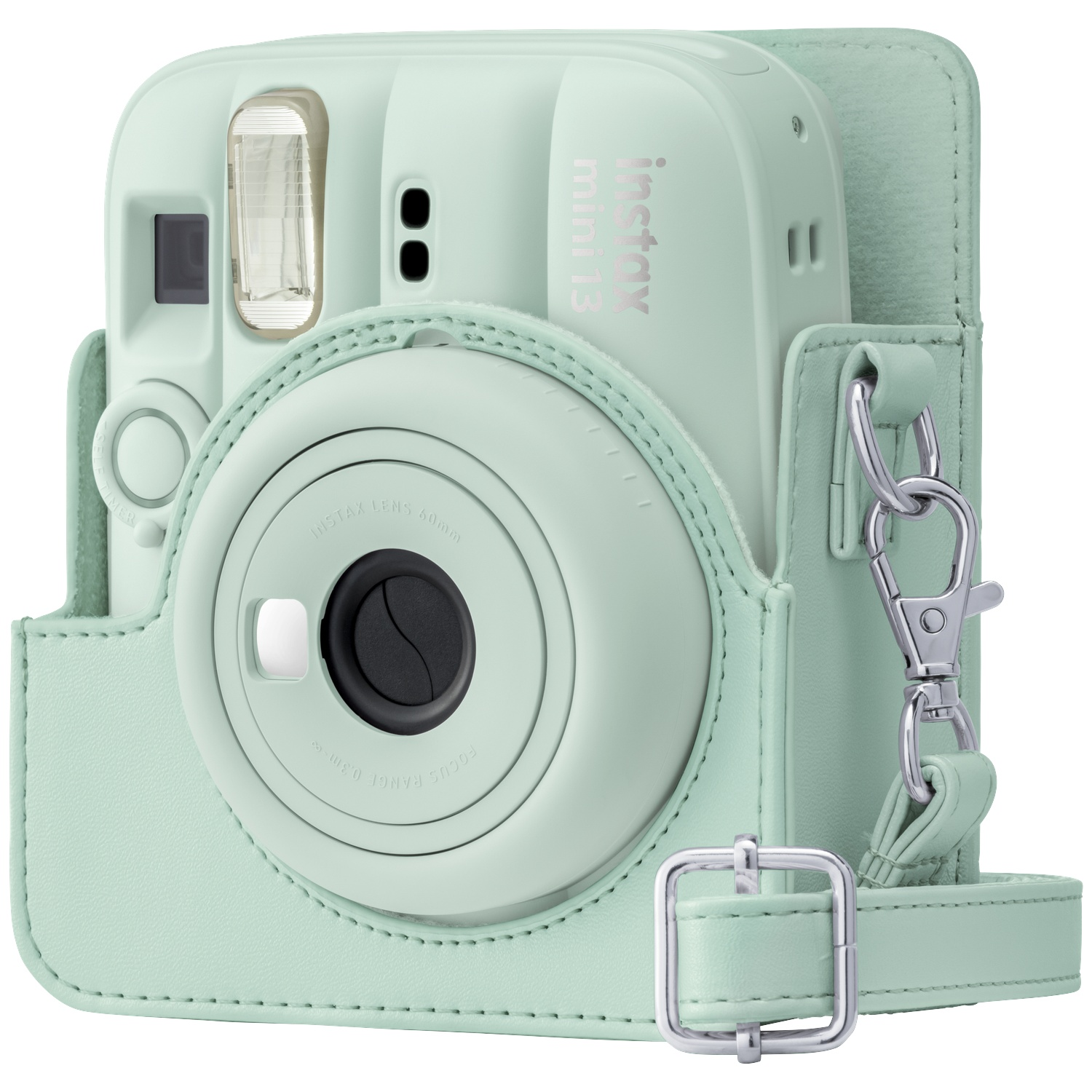 A light green Instax Mini 13 camera in a matching case with a strap.