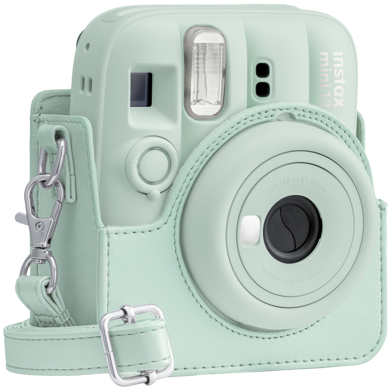 A mint green Instax Mini 13 camera with a matching leather case and strap.