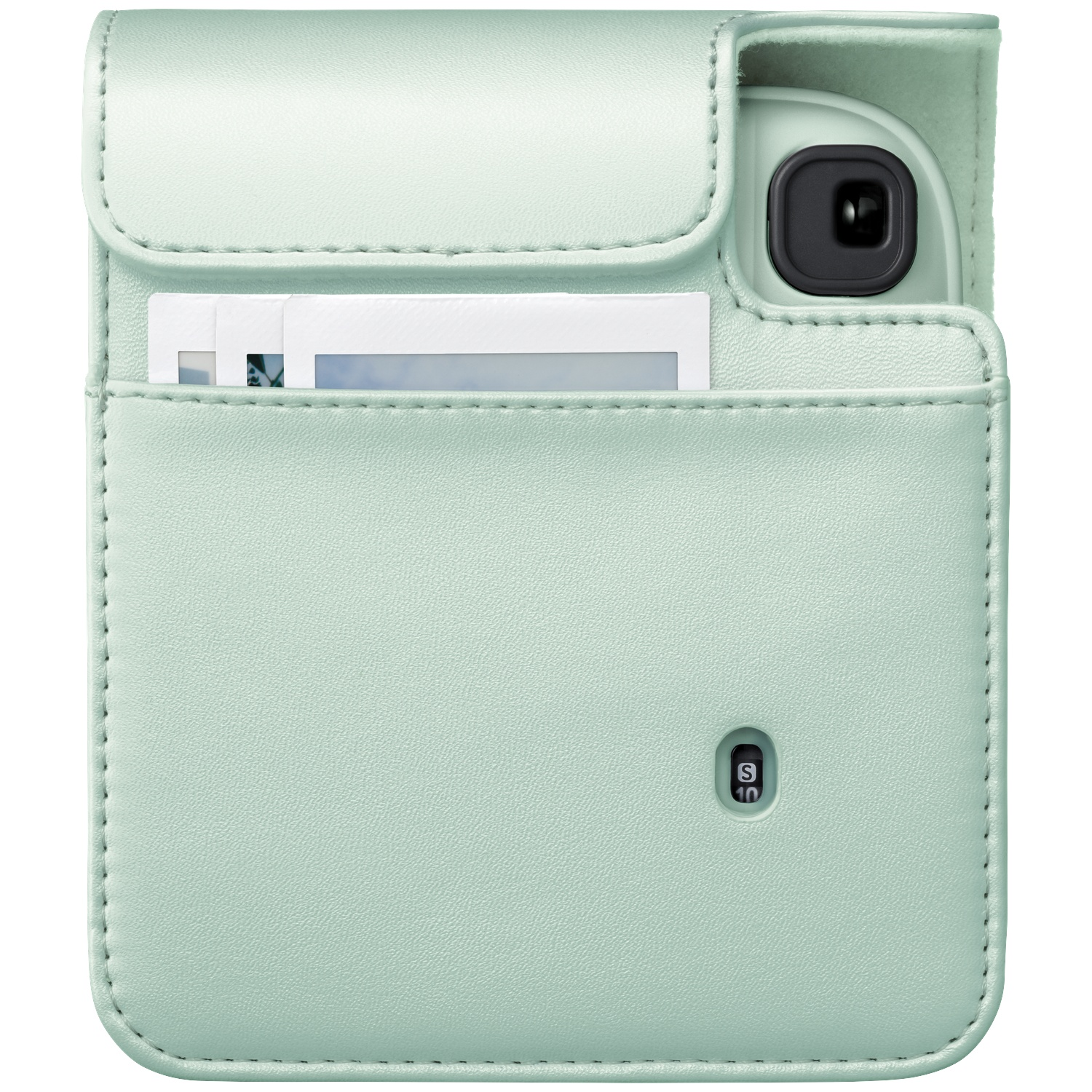A light green leather camera case with photo slots and a viewing window.