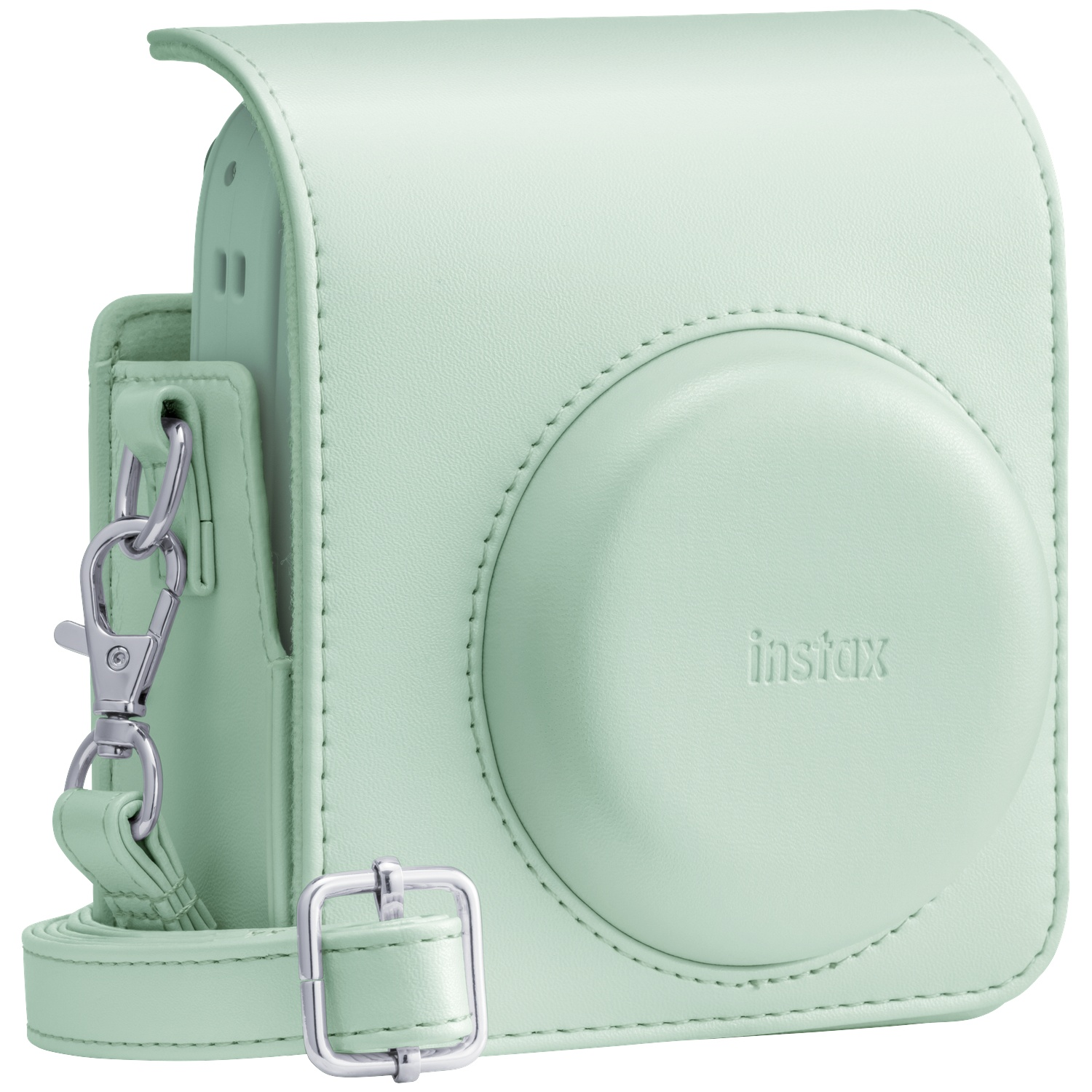 A mint green leather camera case with a strap and silver hardware.
