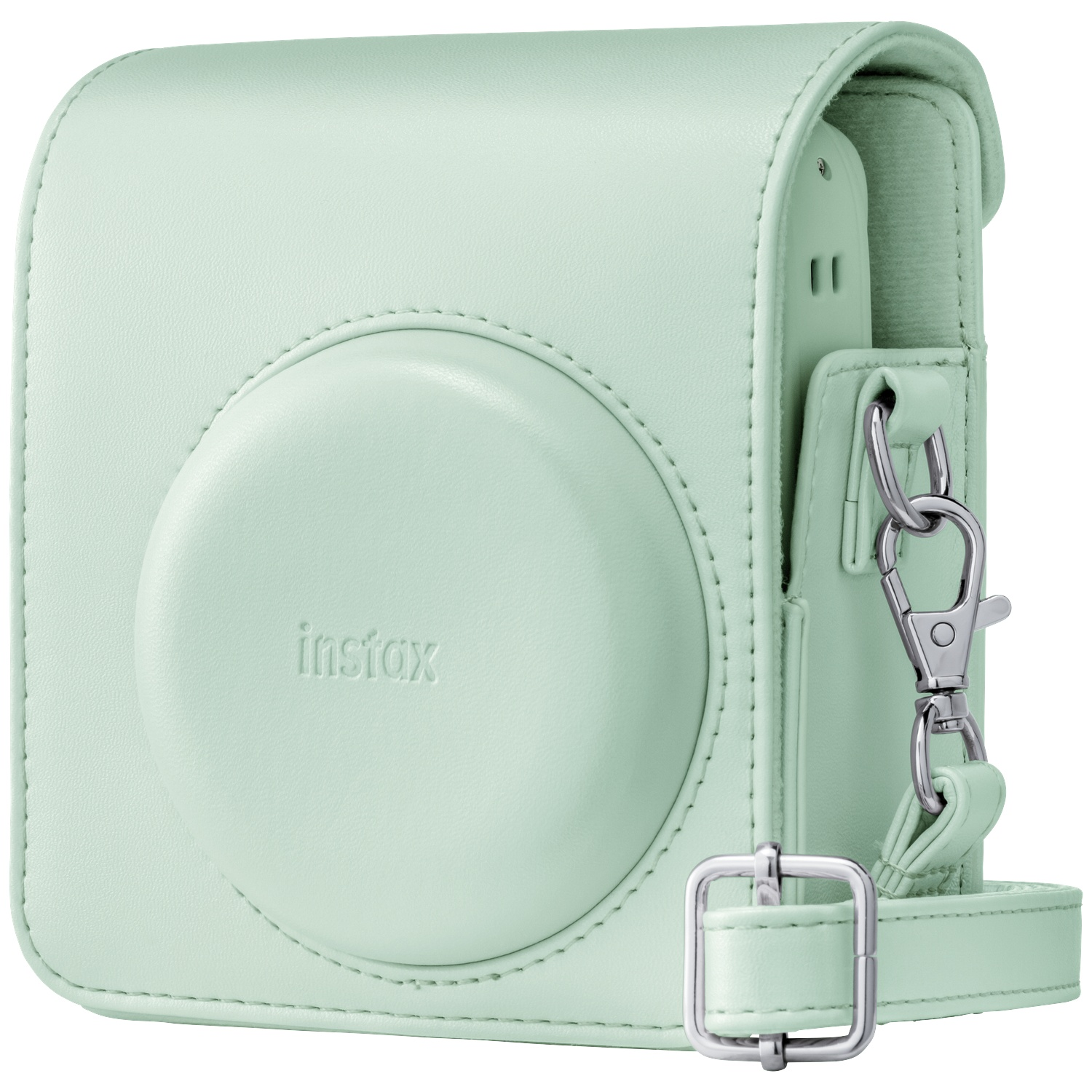 A light green leather case for an instant camera with silver hardware.