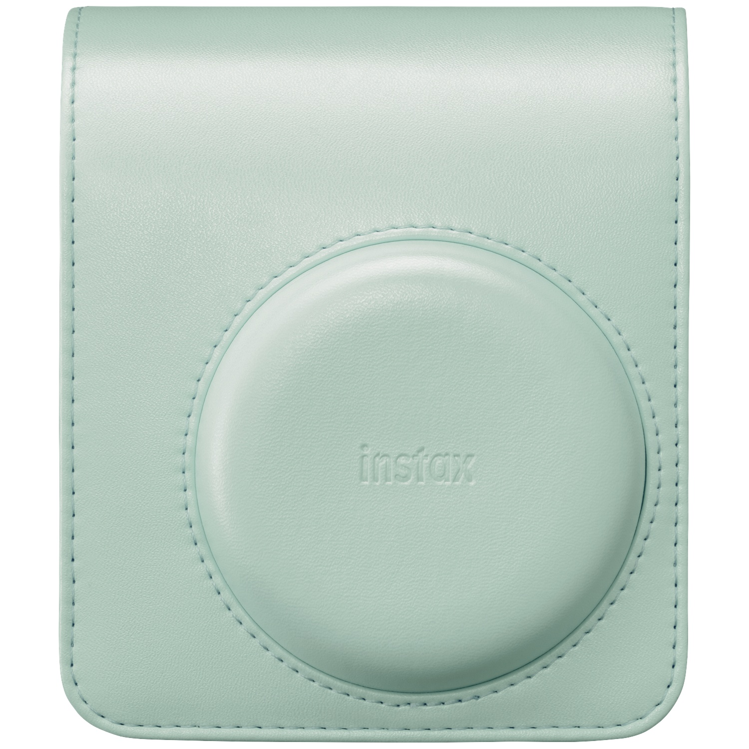 Light green leather camera case with embossed "Instax" logo and stitching.