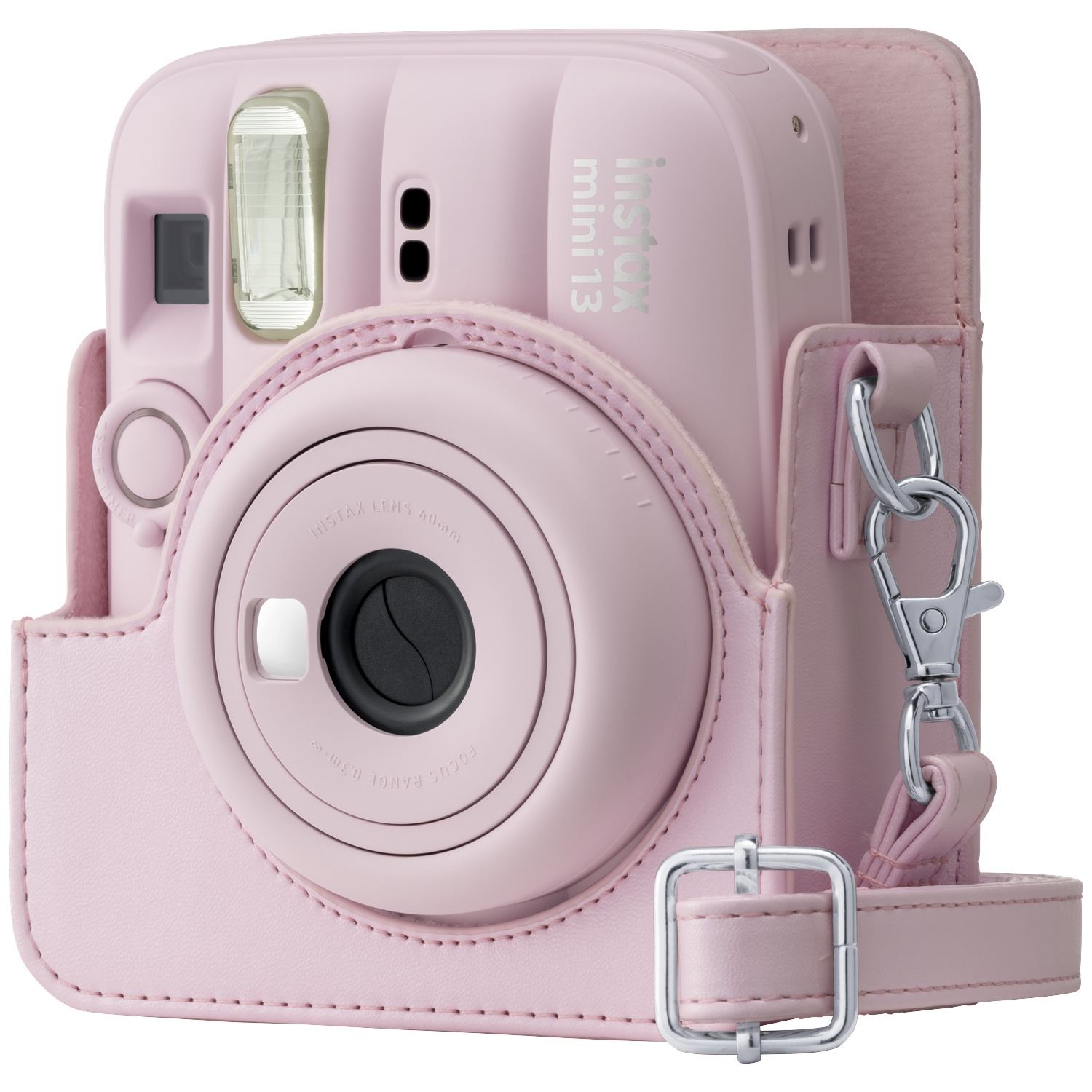 Pink Instax Mini 13 camera in a pink leather case with a silver clasp and strap.