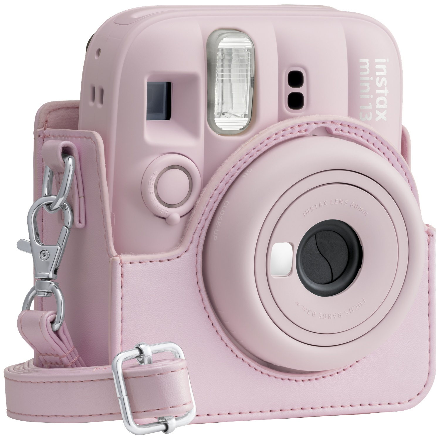 Pink Instax Mini 13 camera in a matching pink leather case with a strap.